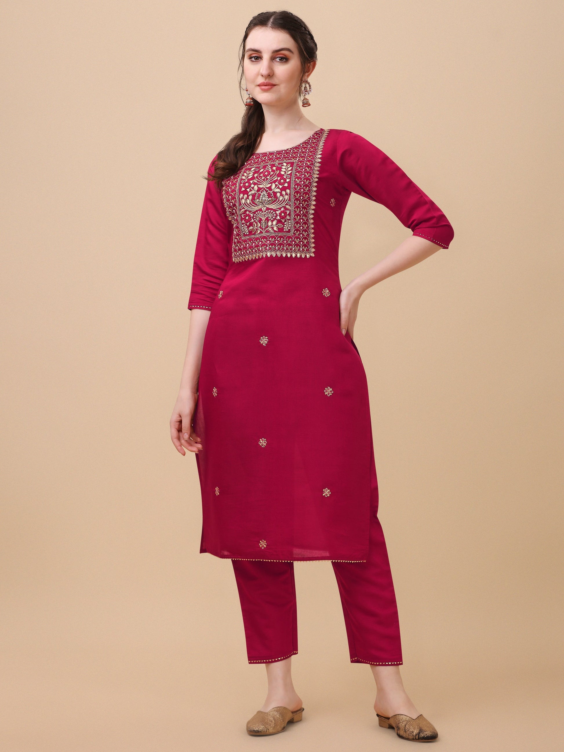 Hand Embroidered Kurta With Pant & Banarasi Dupatta, Multicolor - Hiral Fashion