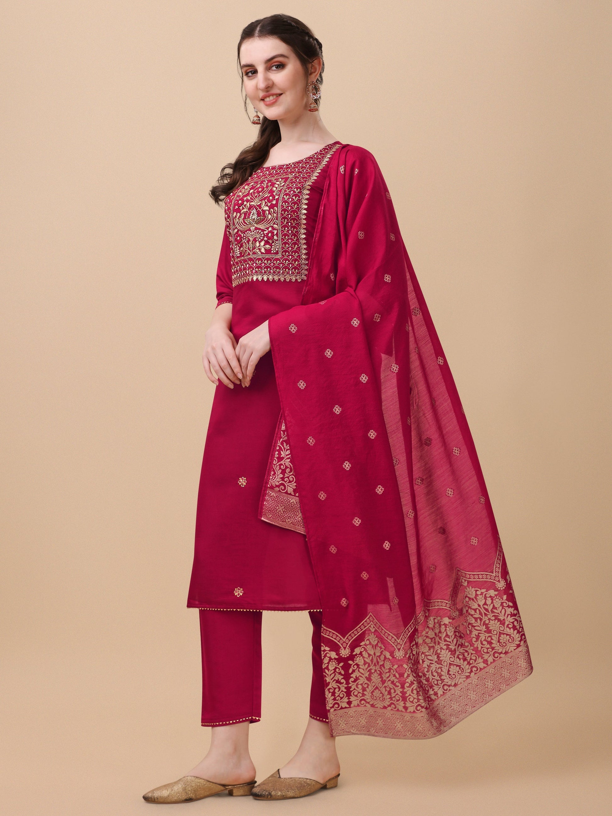 Hand Embroidered Kurta With Pant & Banarasi Dupatta, Multicolor - Hiral Fashion