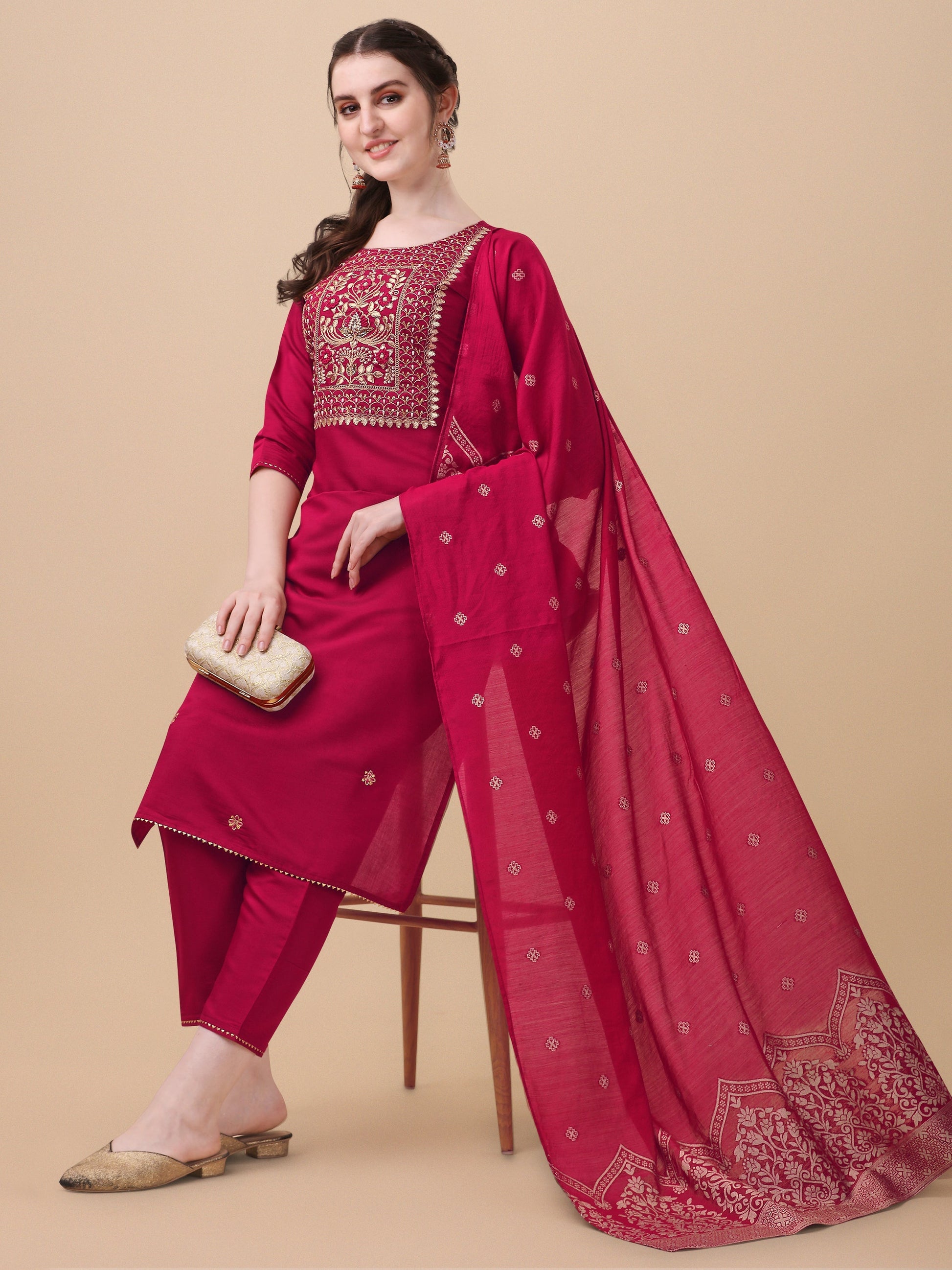 Hand Embroidered Kurta With Pant & Banarasi Dupatta, Multicolor - Hiral Fashion