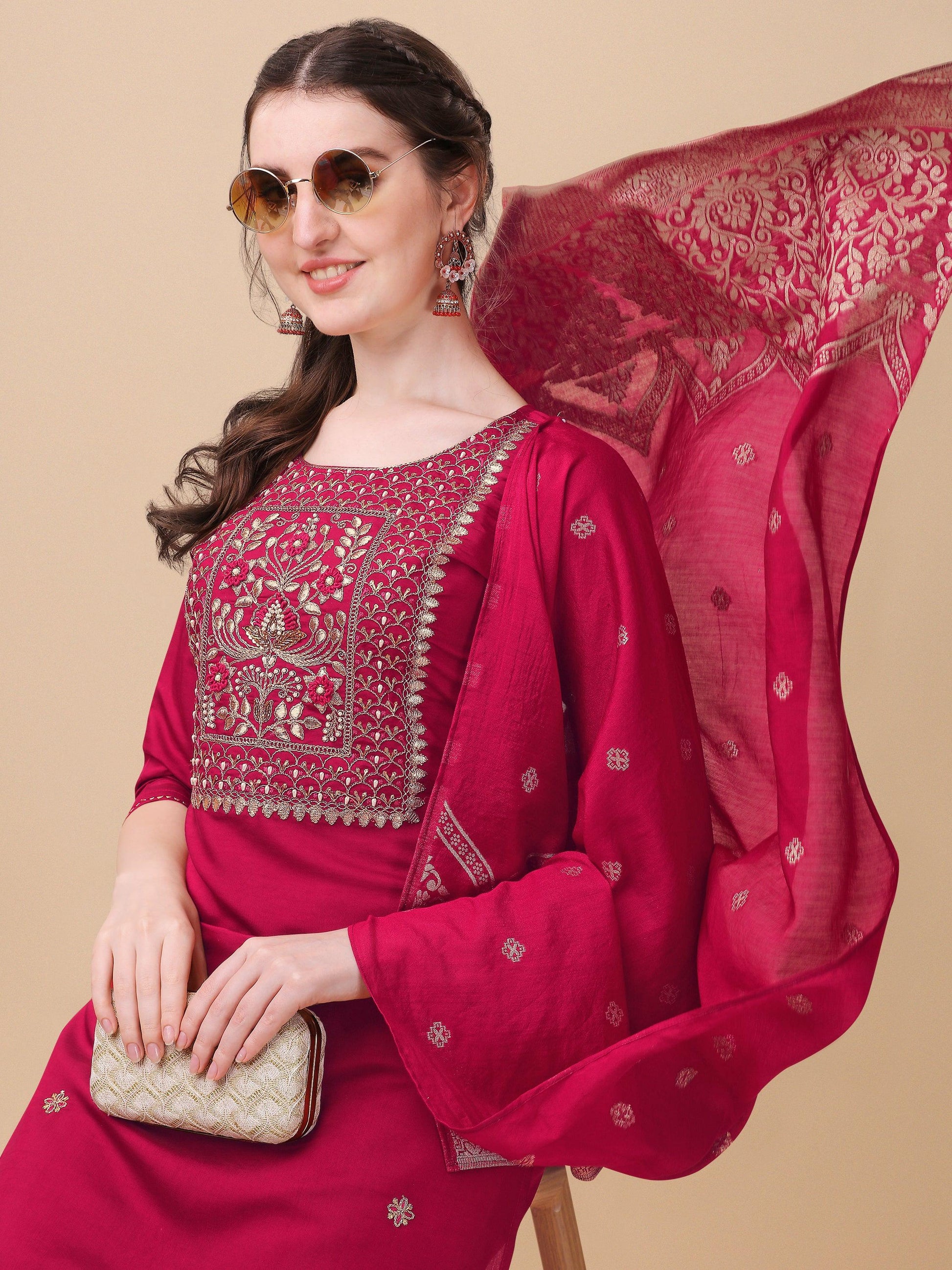 Hand Embroidered Kurta With Pant & Banarasi Dupatta, Multicolor - Hiral Fashion