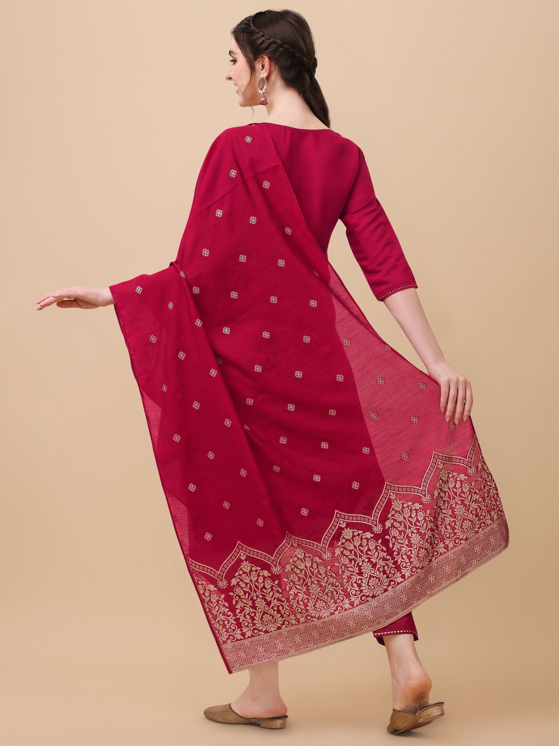 Hand Embroidered Kurta With Pant & Banarasi Dupatta, Multicolor - Hiral Fashion