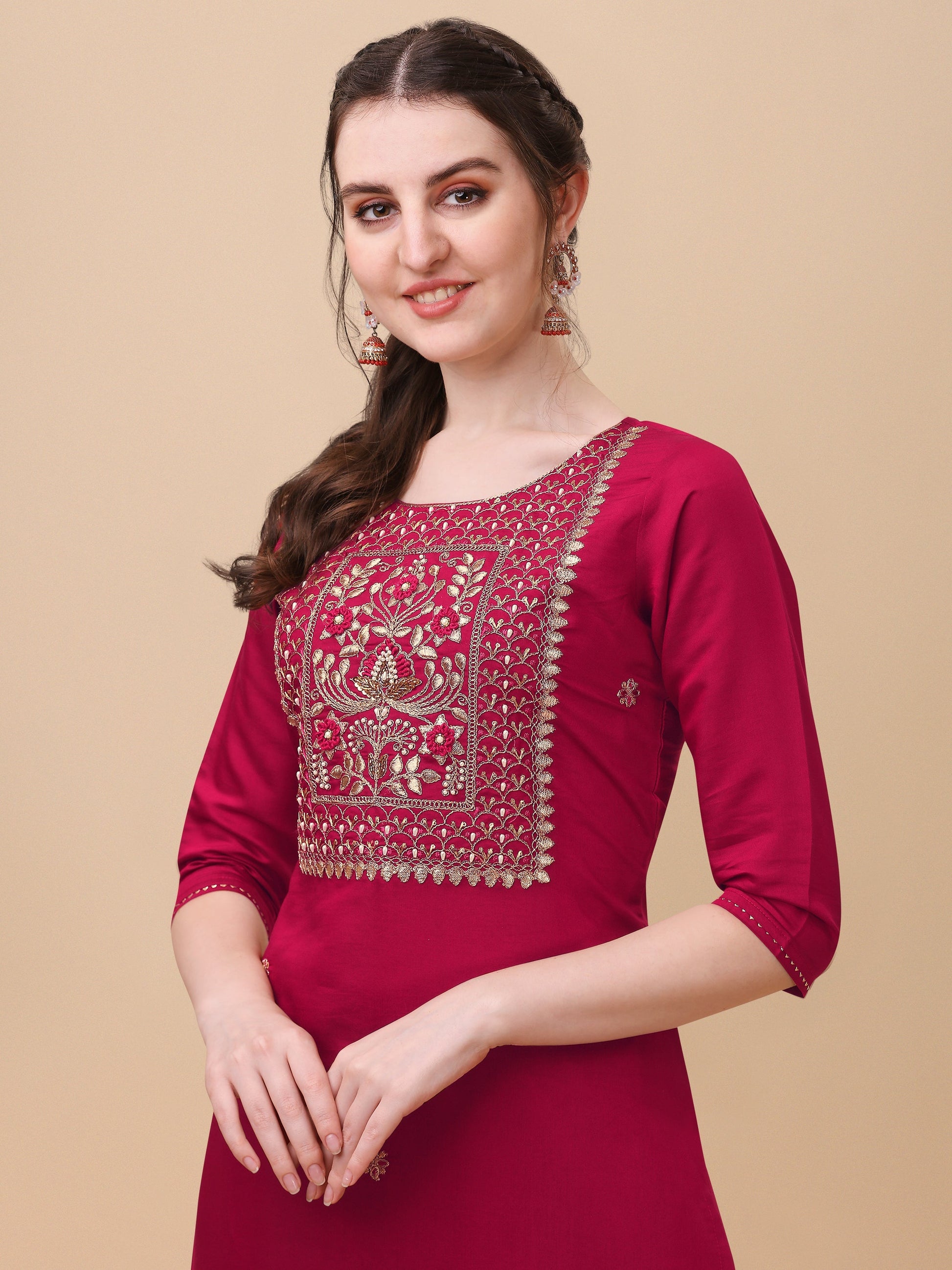 Hand Embroidered Kurta With Pant & Banarasi Dupatta, Multicolor - Hiral Fashion