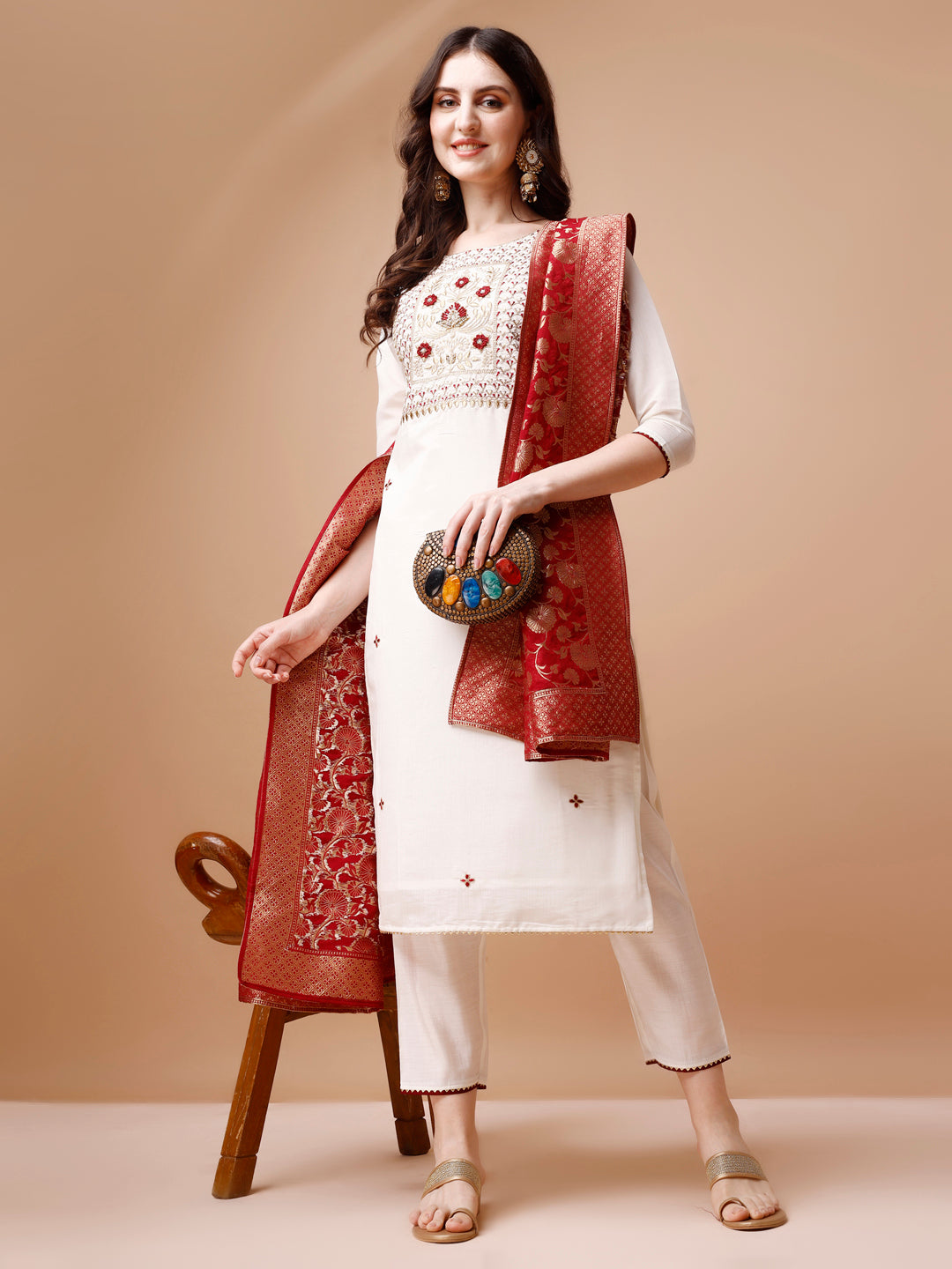 Hand Embroidered Kurta With Pant & Banarasi Jacquard Dupatta, Multicolor - Hiral Fashion