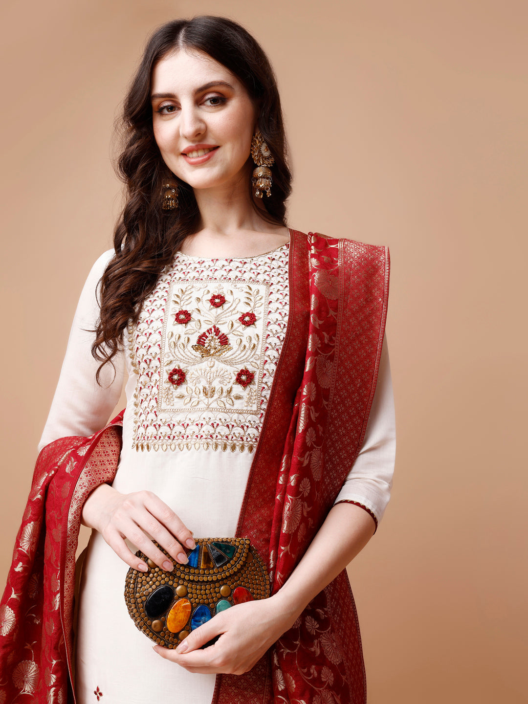 Hand Embroidered Kurta With Pant & Banarasi Jacquard Dupatta, Multicolor - Hiral Fashion