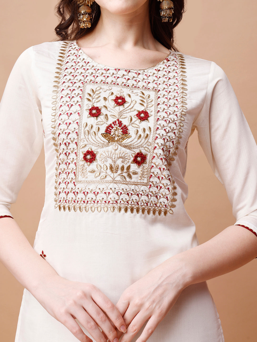 Hand Embroidered Kurta With Pant & Banarasi Jacquard Dupatta, Multicolor - Hiral Fashion