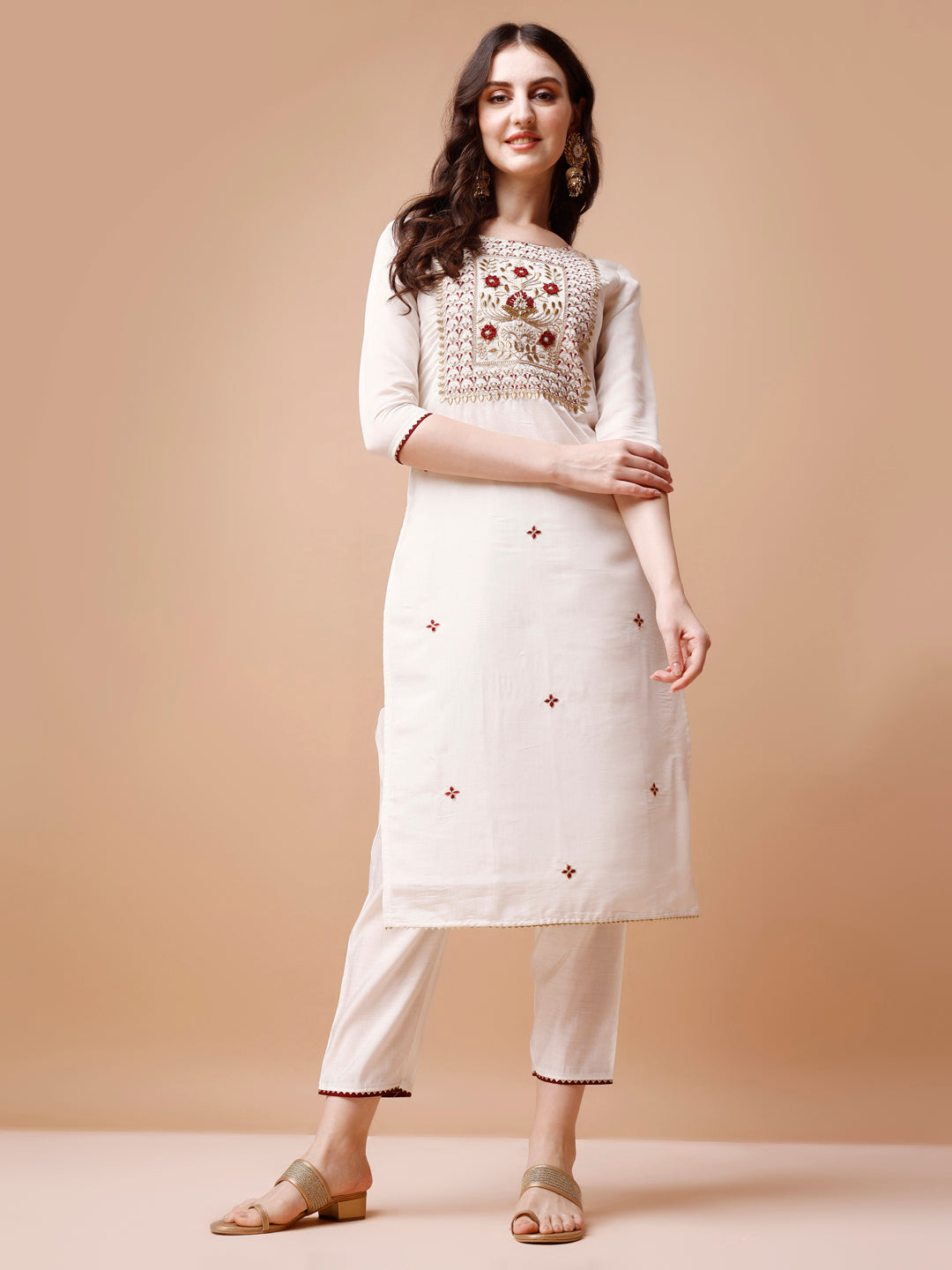 Hand Embroidered Kurta With Pant & Banarasi Jacquard Dupatta, Multicolor - Hiral Fashion