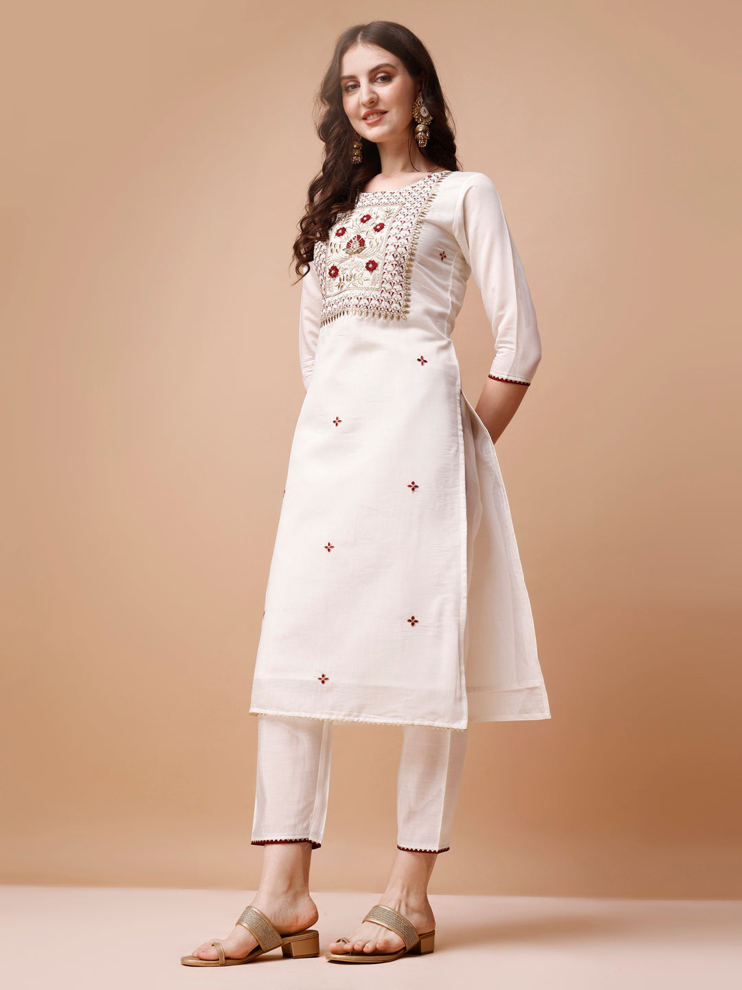 Hand Embroidered Kurta With Pant & Banarasi Jacquard Dupatta, Multicolor - Hiral Fashion