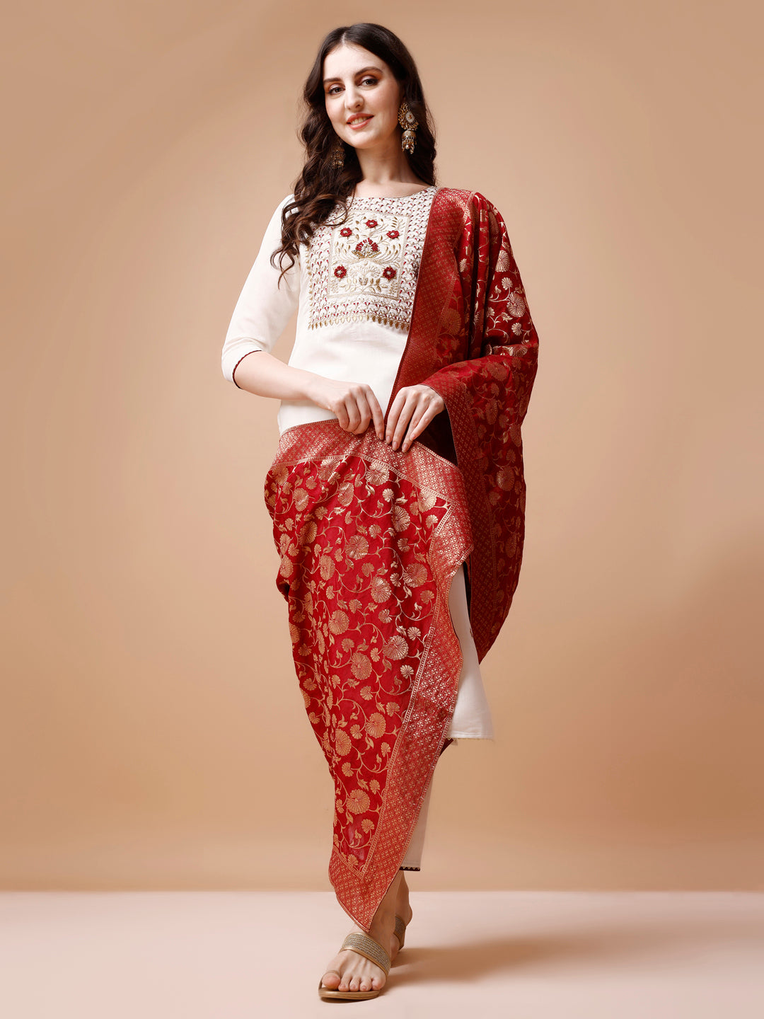 Hand Embroidered Kurta With Pant & Banarasi Jacquard Dupatta, Multicolor - Hiral Fashion