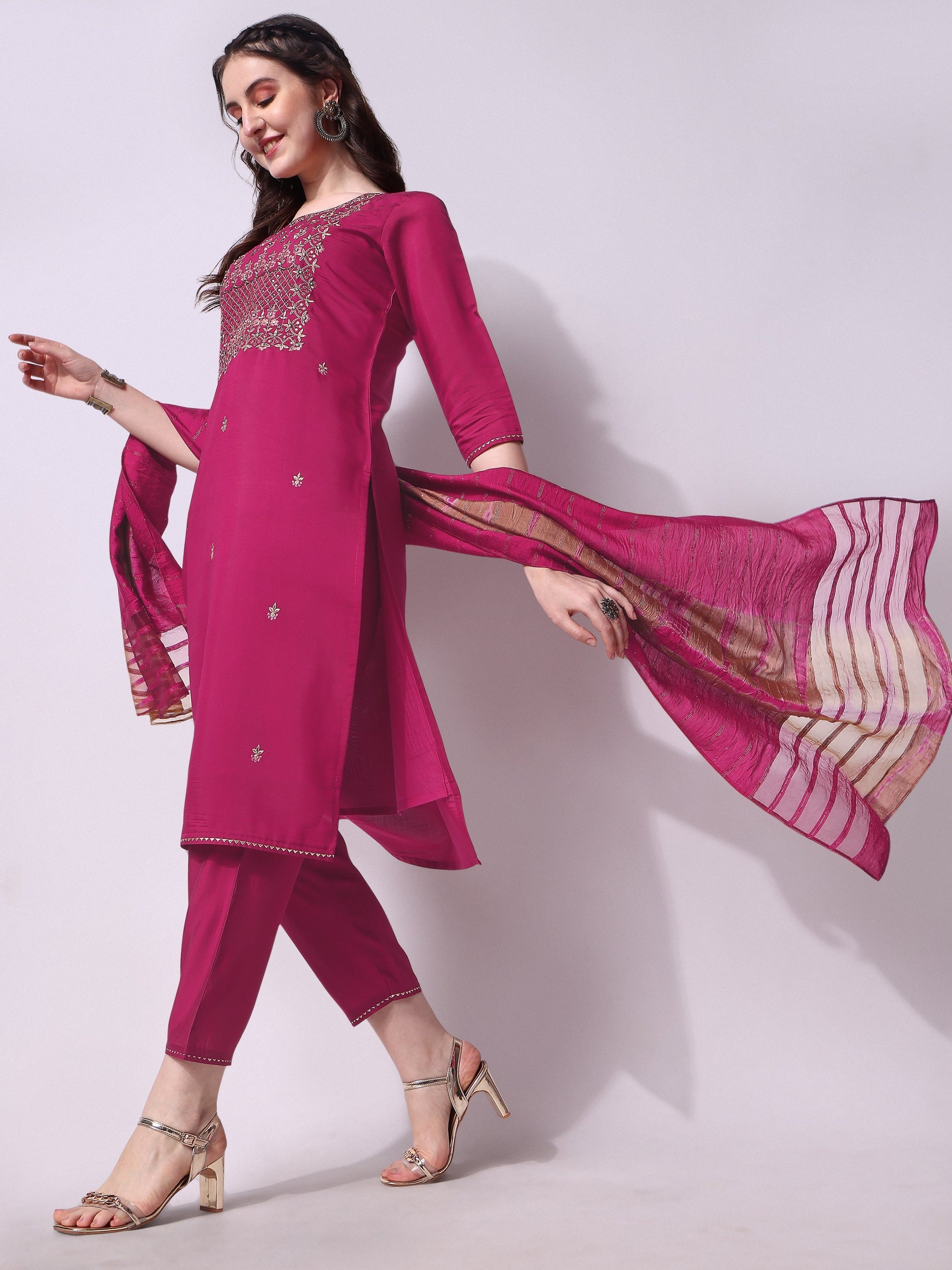 Embroidered Kurta With Pant & Dupatta Set, Multicolor - Hiral Fashion