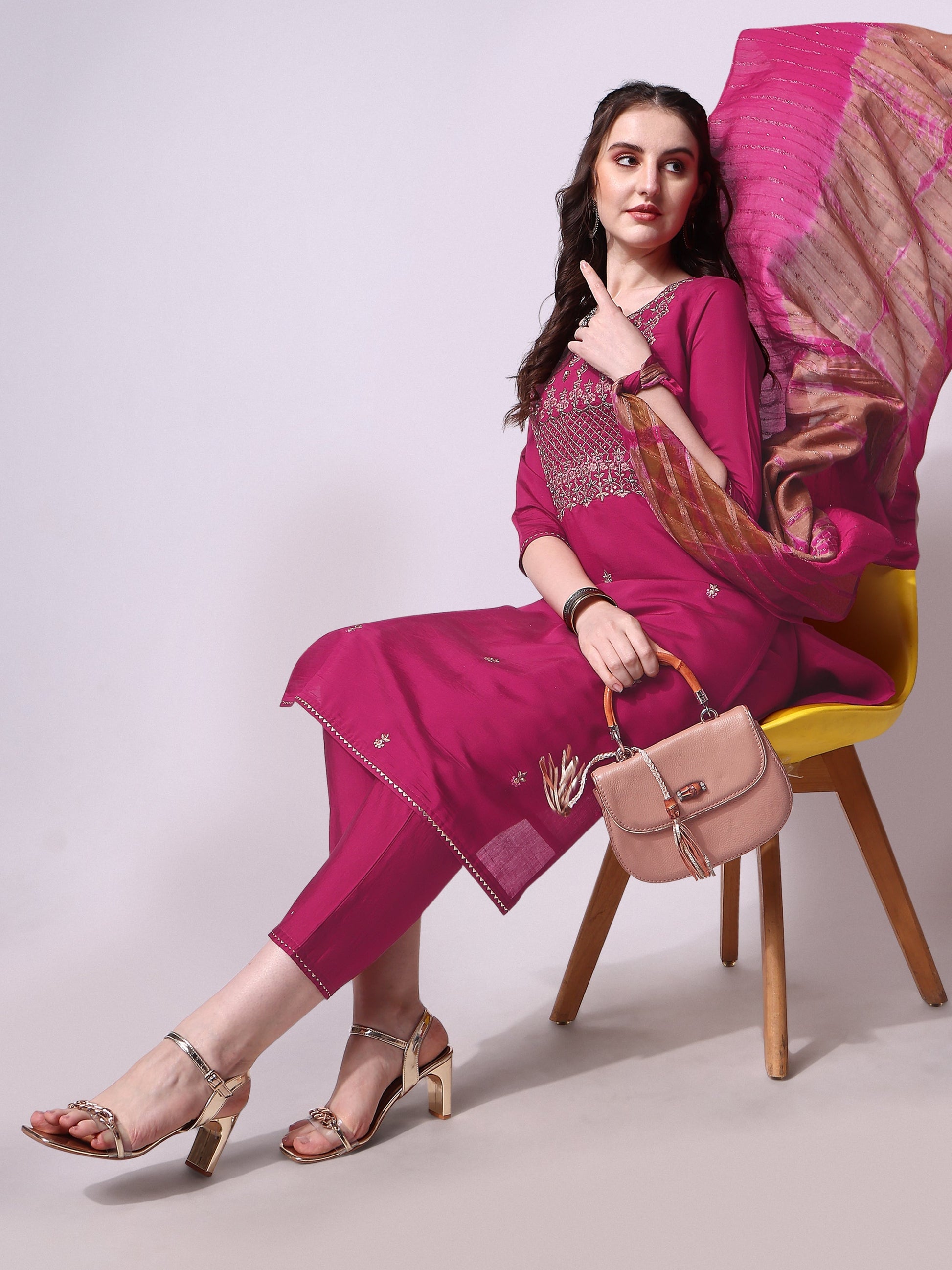 Embroidered Kurta With Pant & Dupatta Set, Multicolor - Hiral Fashion