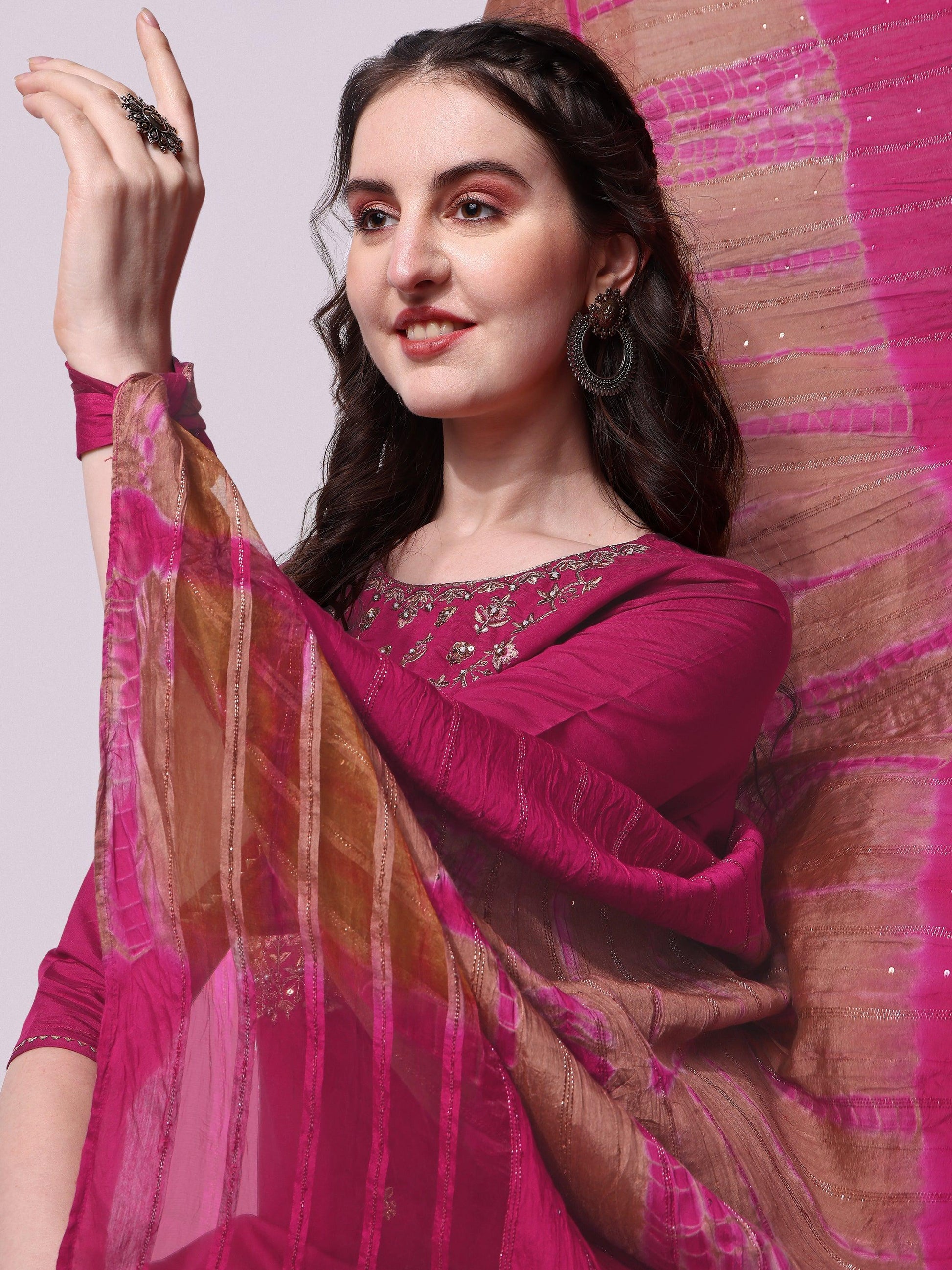 Embroidered Kurta With Pant & Dupatta Set, Multicolor - Hiral Fashion