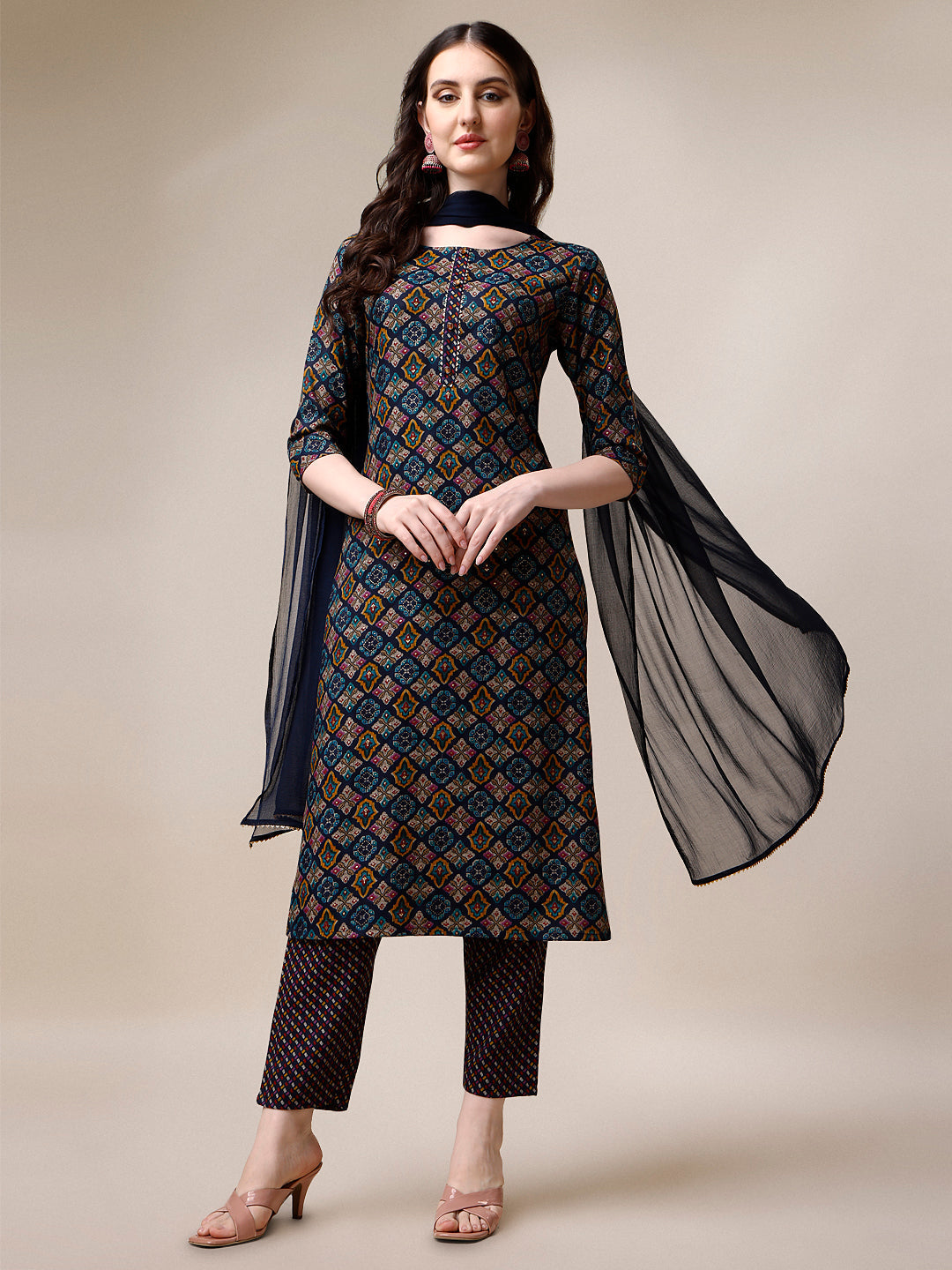 Printed Kurta With Pant & Dupatta Set, Multicolor - Hiral Fashion