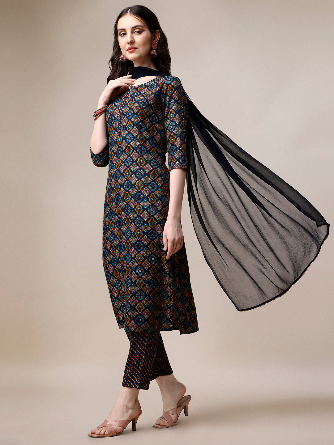 Printed Kurta With Pant & Dupatta Set, Multicolor - Hiral Fashion