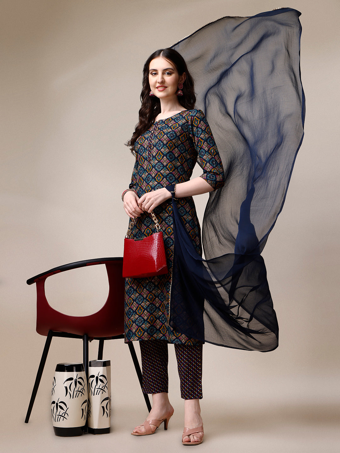 Printed Kurta With Pant & Dupatta Set, Multicolor - Hiral Fashion