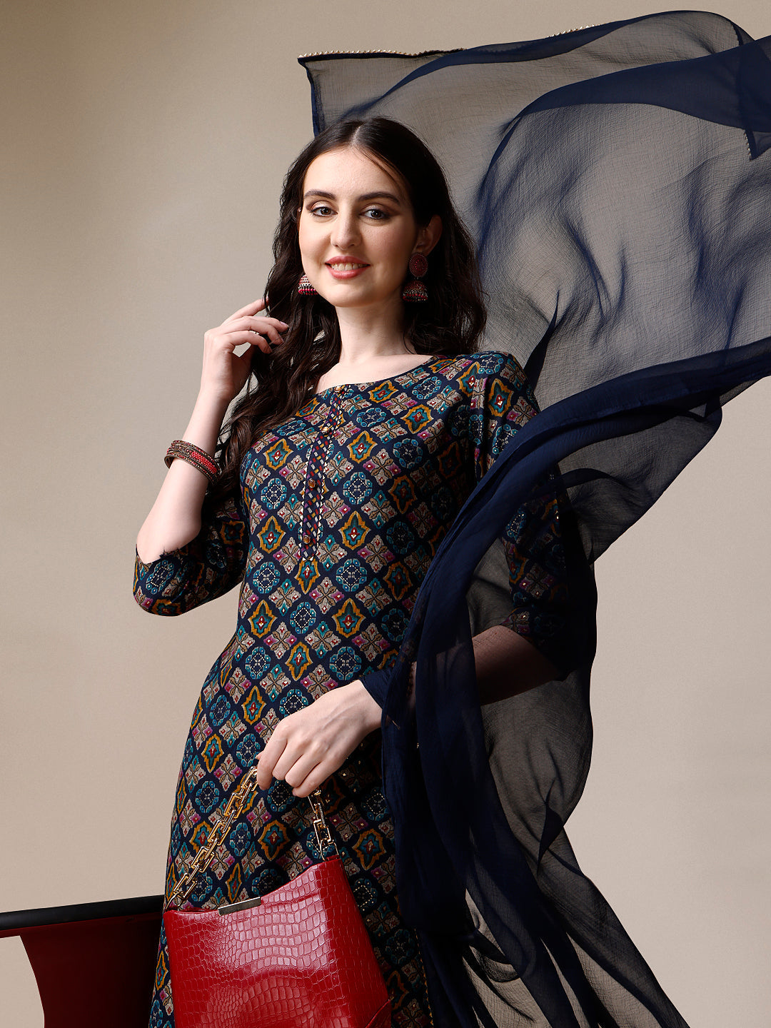 Printed Kurta With Pant & Dupatta Set, Multicolor - Hiral Fashion