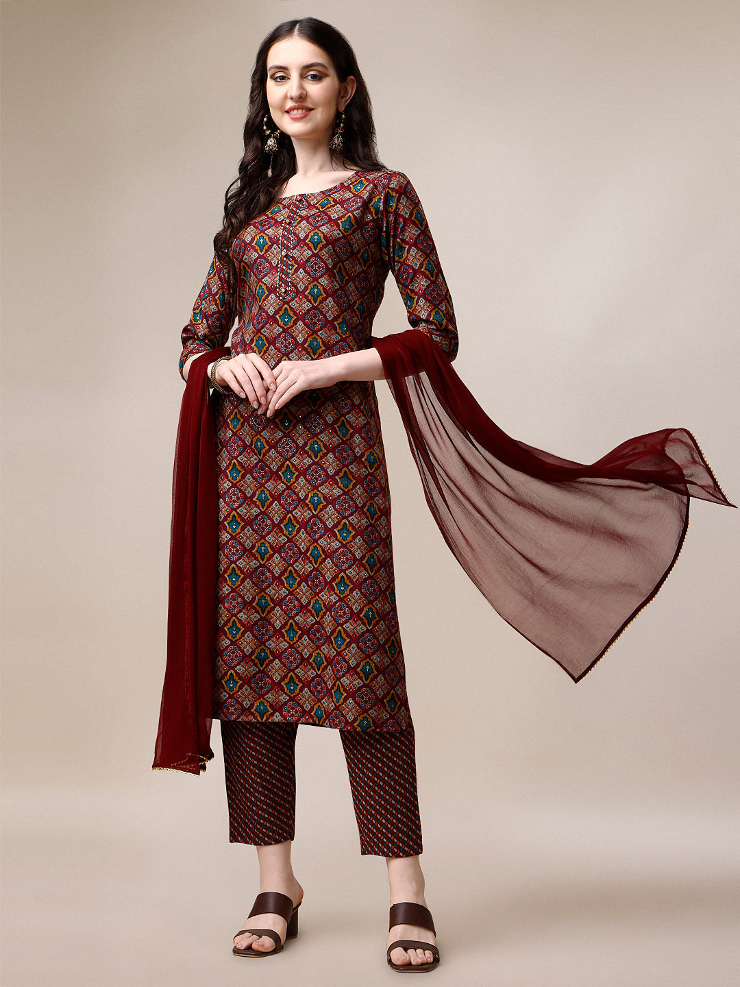 Printed Kurta With Pant & Dupatta Set, Multicolor - Hiral Fashion