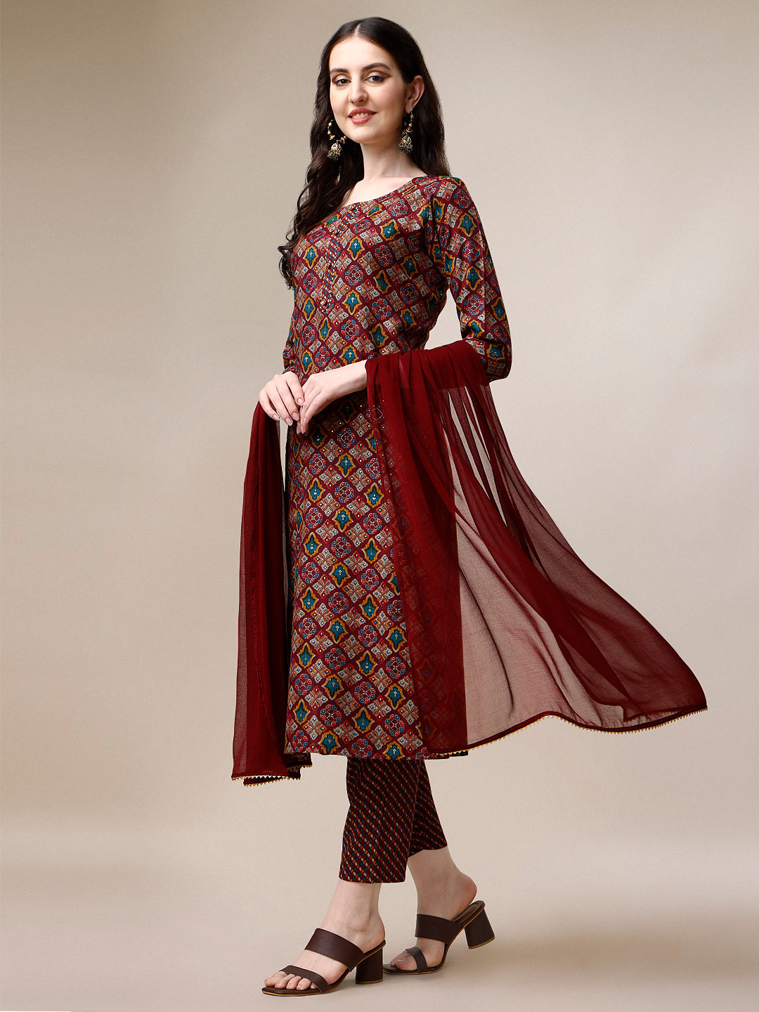 Printed Kurta With Pant & Dupatta Set, Multicolor - Hiral Fashion