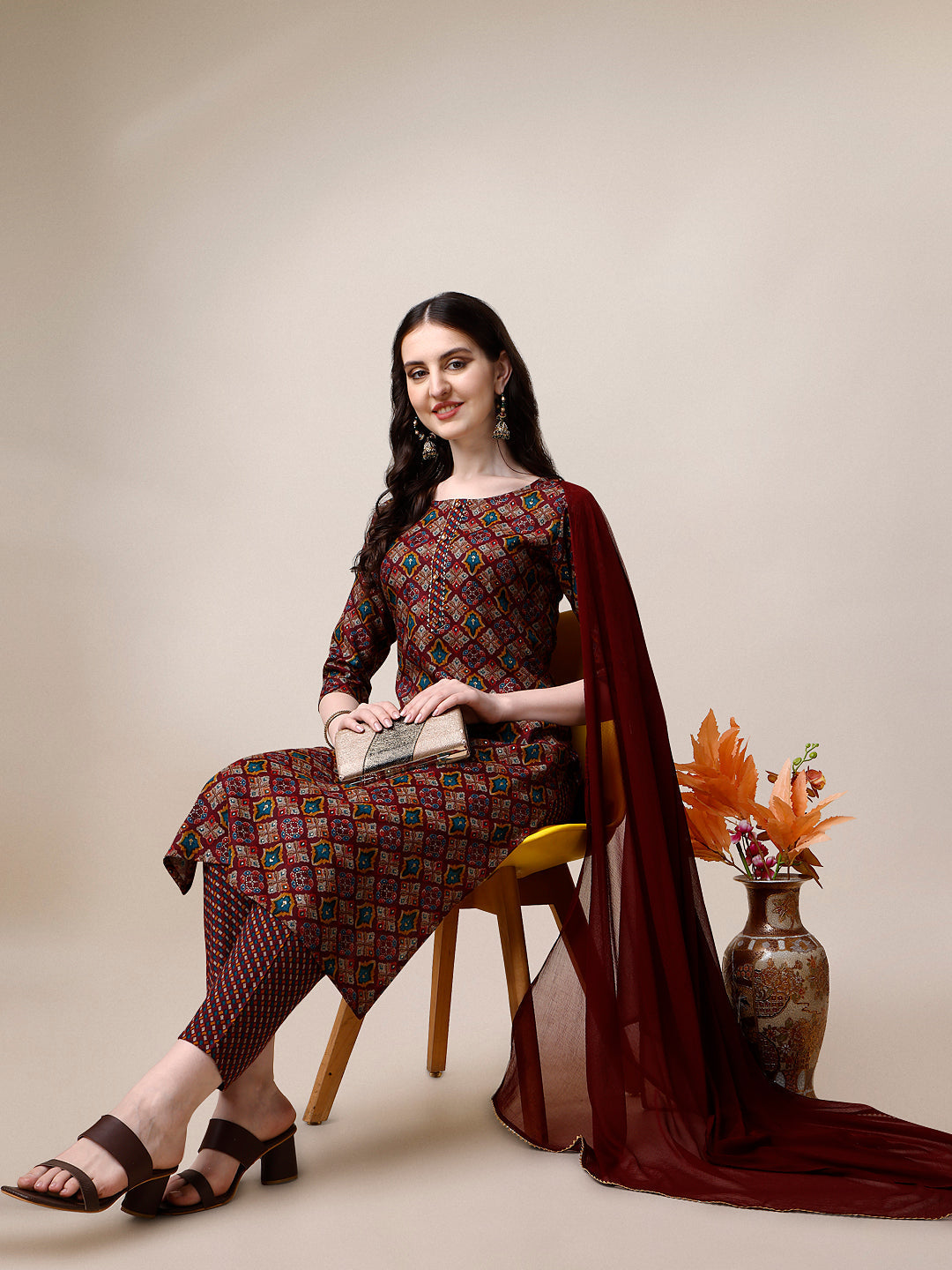 Printed Kurta With Pant & Dupatta Set, Multicolor - Hiral Fashion