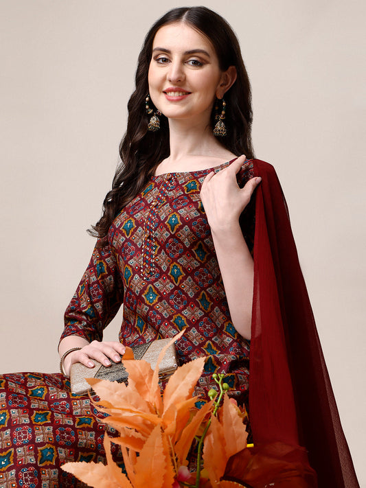 Printed Kurta With Pant & Dupatta Set, Multicolor - Hiral Fashion