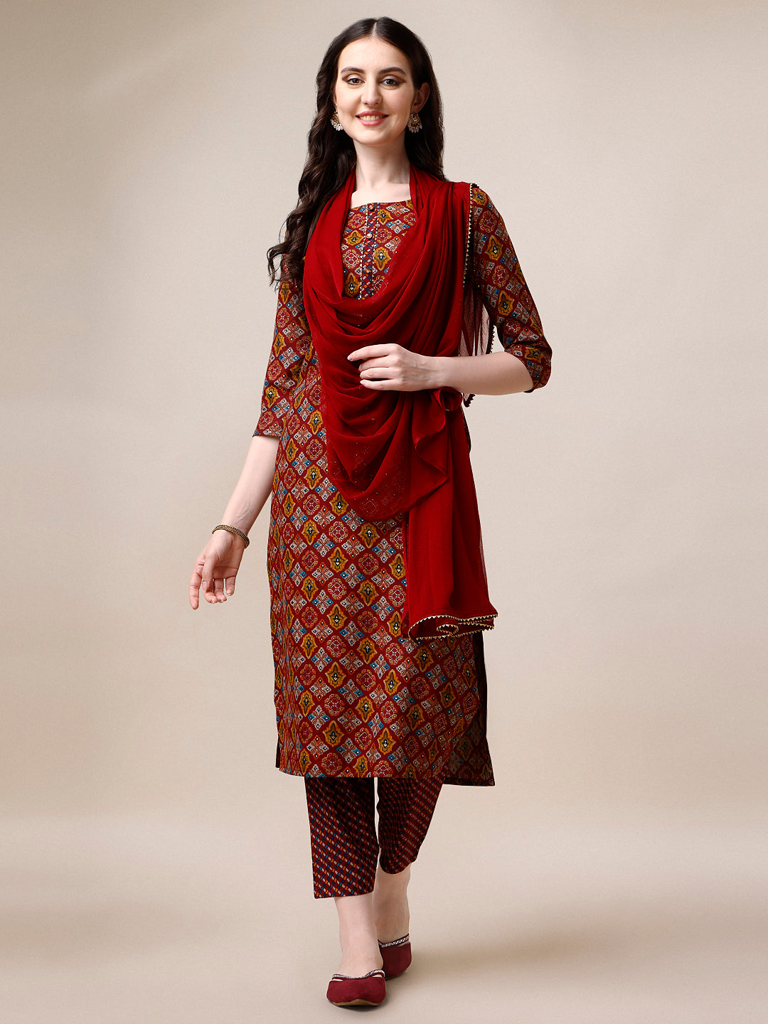 Printed Kurta With Pant & Dupatta Set, Multicolor - Hiral Fashion