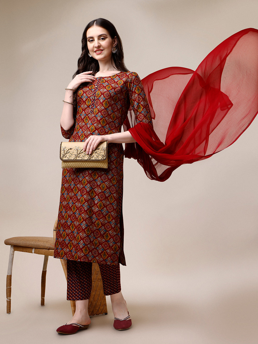 Printed Kurta With Pant & Dupatta Set, Multicolor - Hiral Fashion