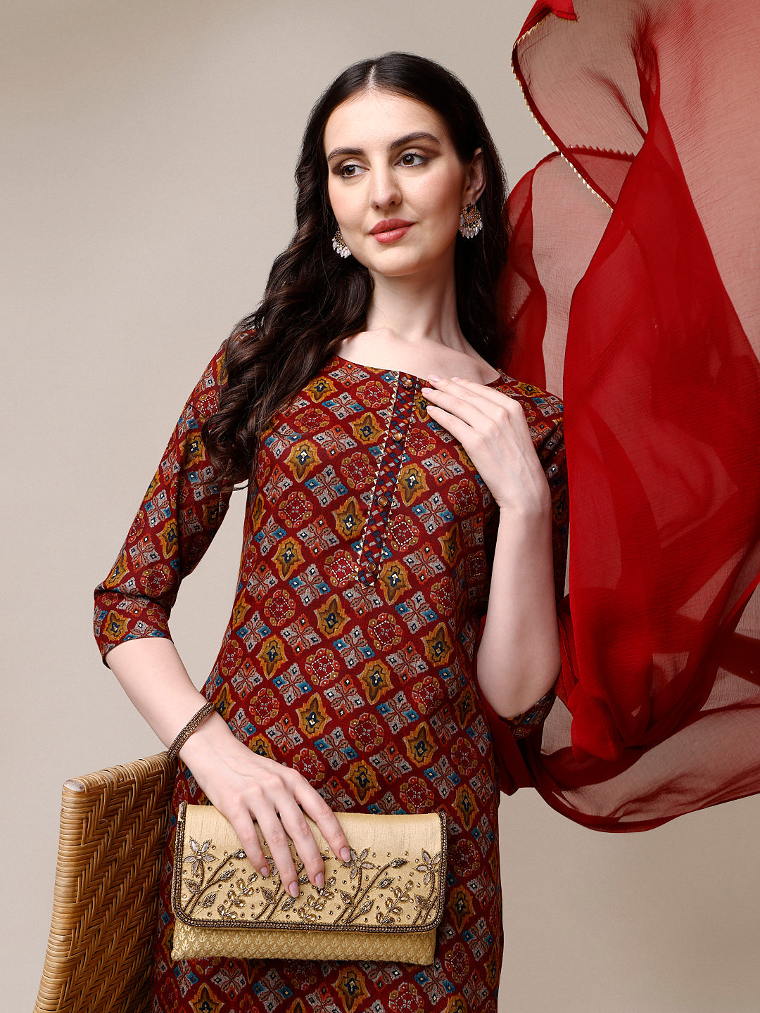 Printed Kurta With Pant & Dupatta Set, Multicolor - Hiral Fashion