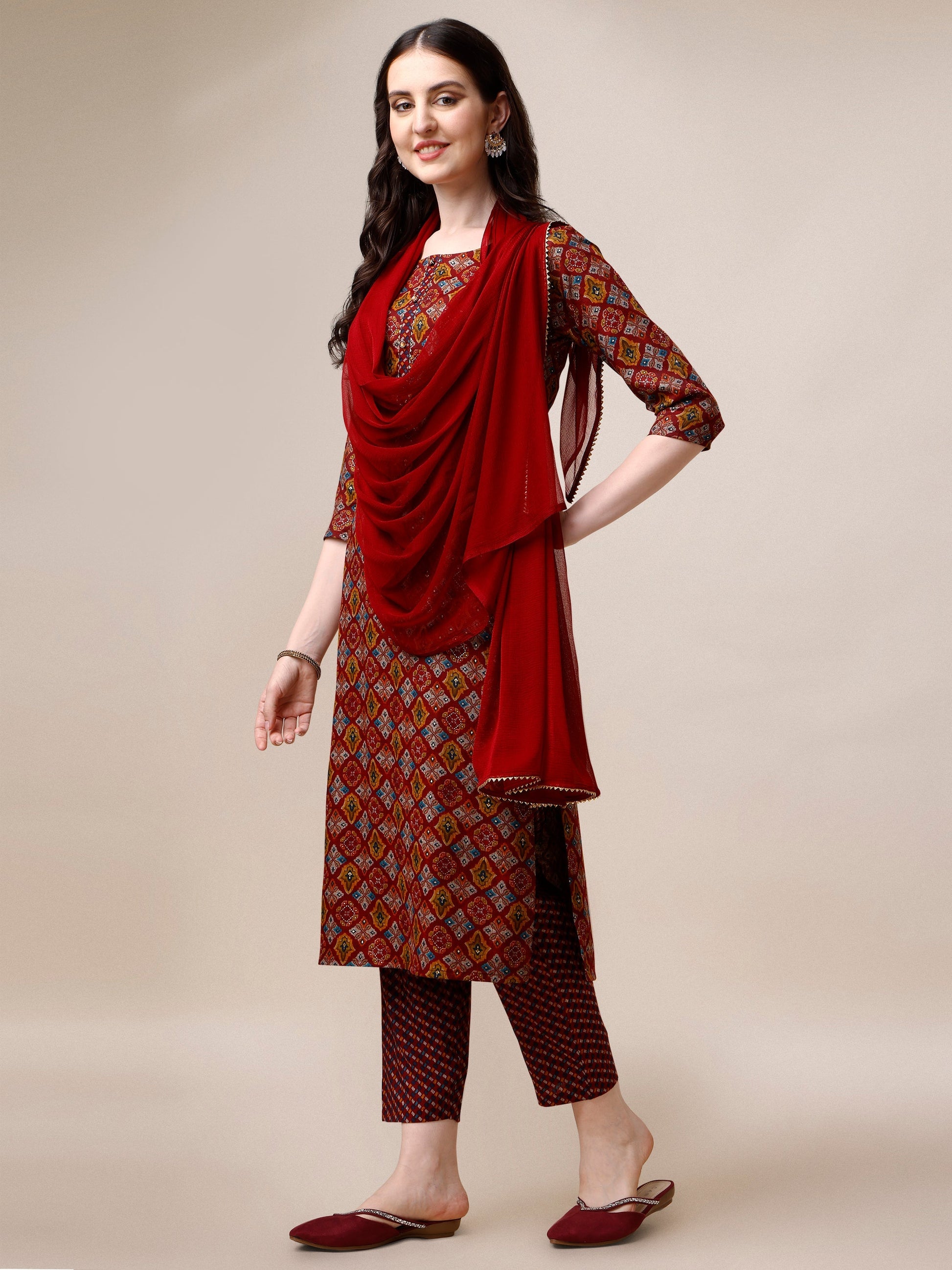 Printed Kurta With Pant & Dupatta Set, Multicolor - Hiral Fashion