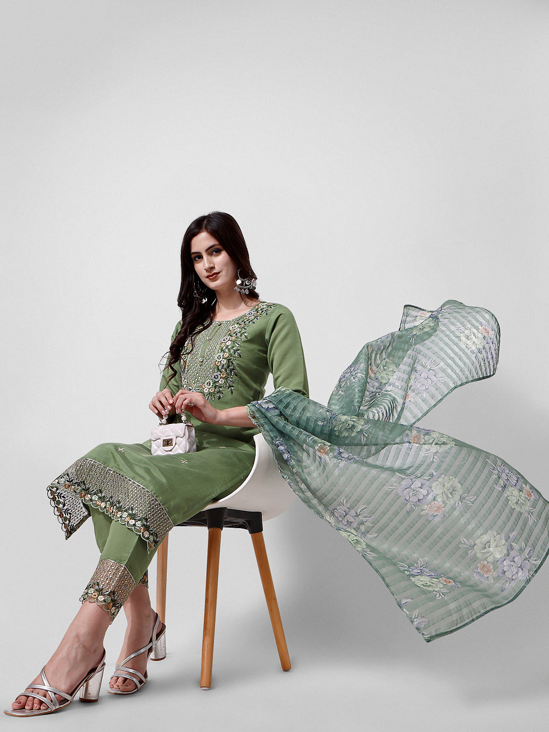 Hand Embroidered Kurta With Pant And Dupatta Set Premium, Multicolor - Hiral Fashion