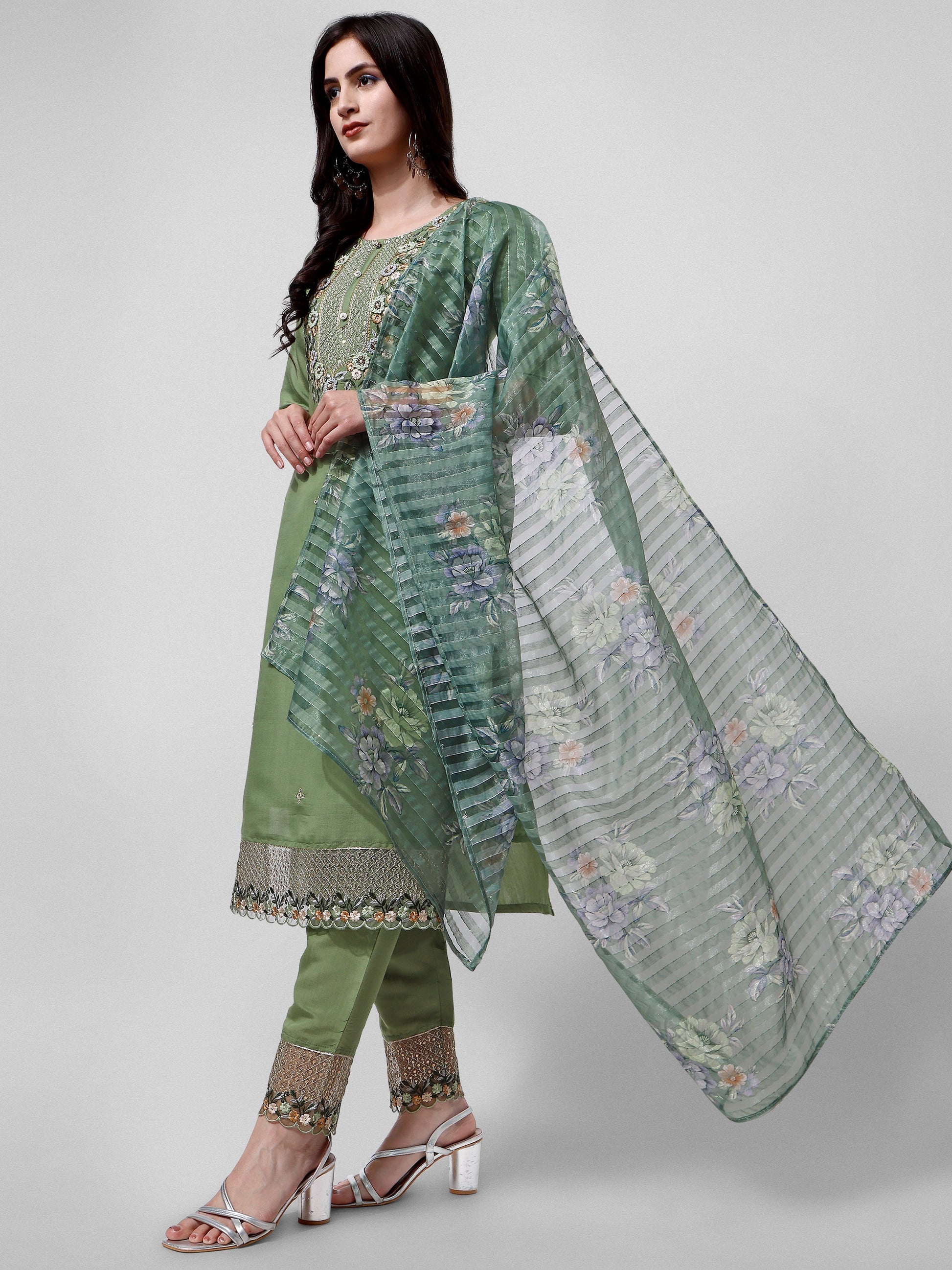 Hand Embroidered Kurta With Pant And Dupatta Set Premium, Multicolor - Hiral Fashion