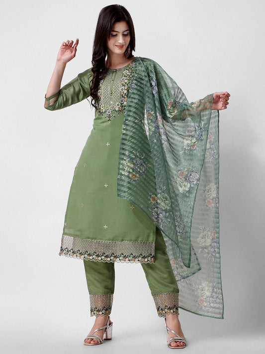 Hand Embroidered Kurta With Pant And Dupatta Set Premium, Multicolor - Hiral Fashion