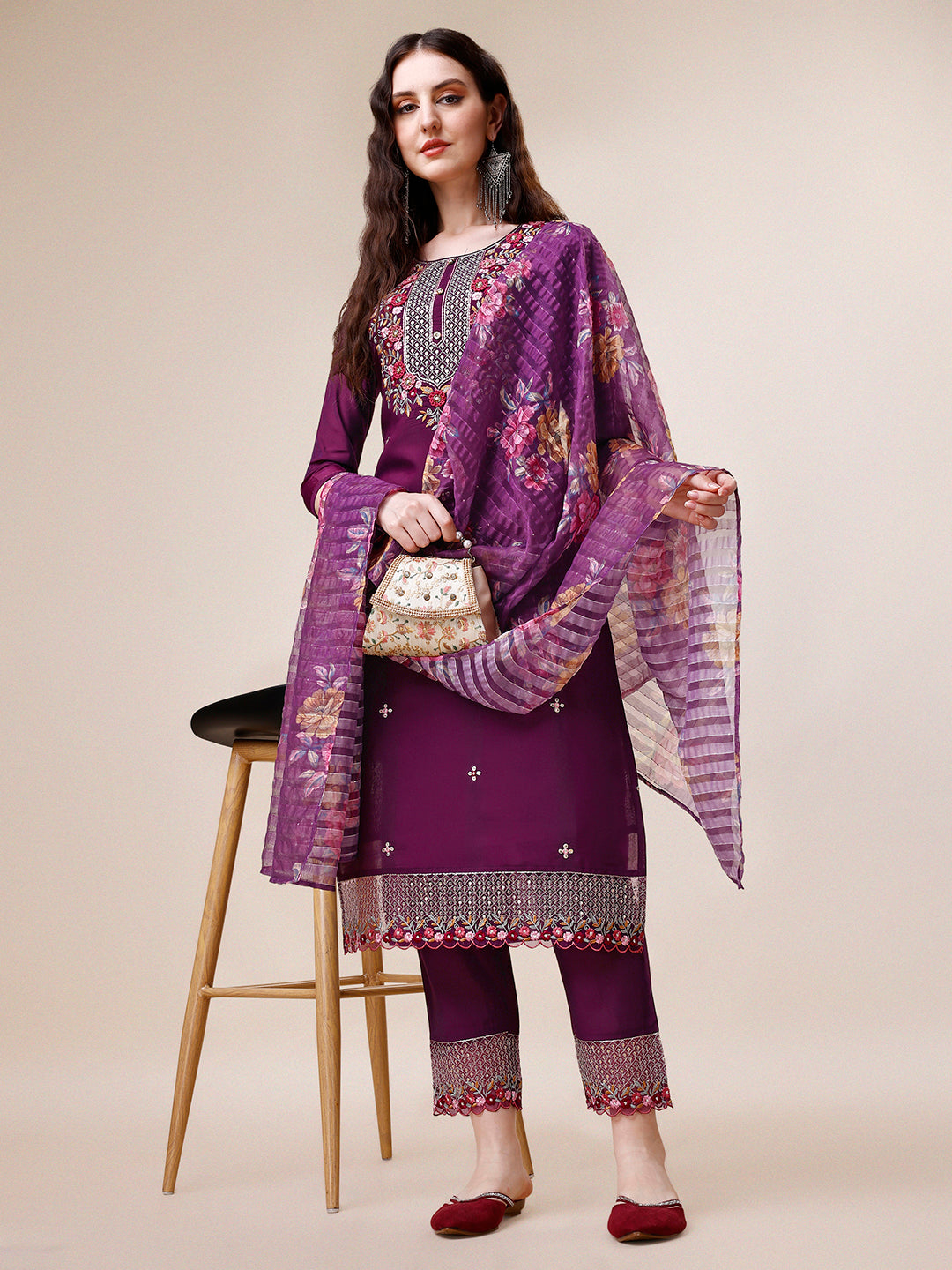 Hand Embroidered Kurta With Pant And Dupatta Set Premium, Multicolor - Hiral Fashion
