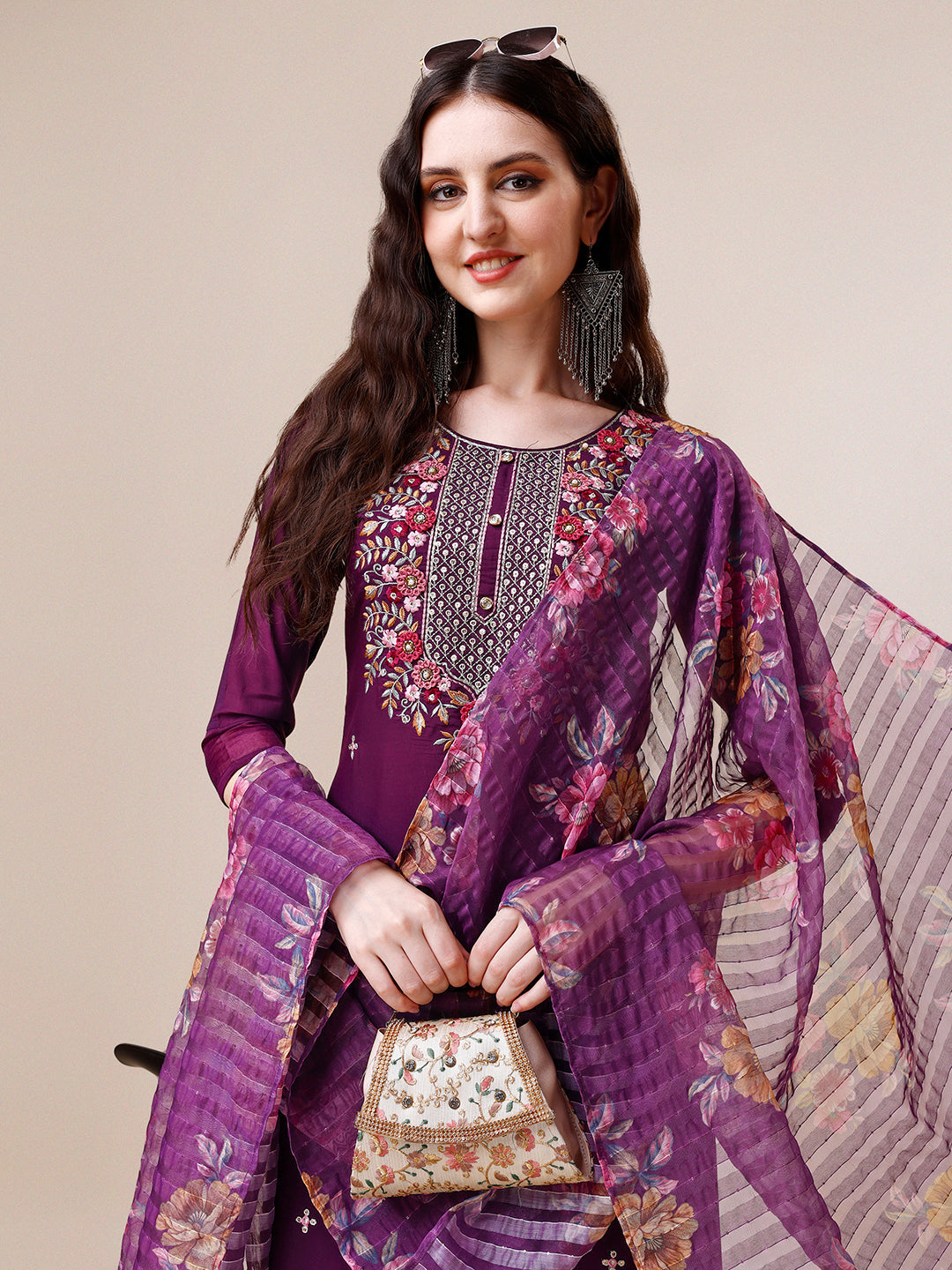 Hand Embroidered Kurta With Pant And Dupatta Set Premium, Multicolor - Hiral Fashion