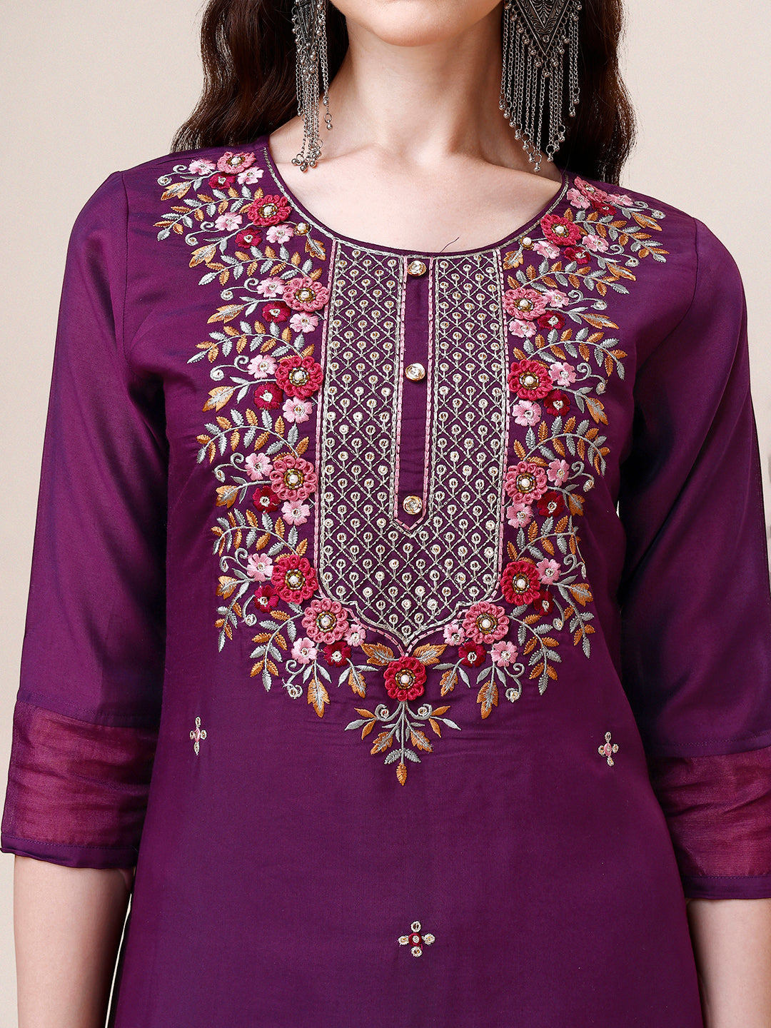 Hand Embroidered Kurta With Pant And Dupatta Set Premium, Multicolor - Hiral Fashion