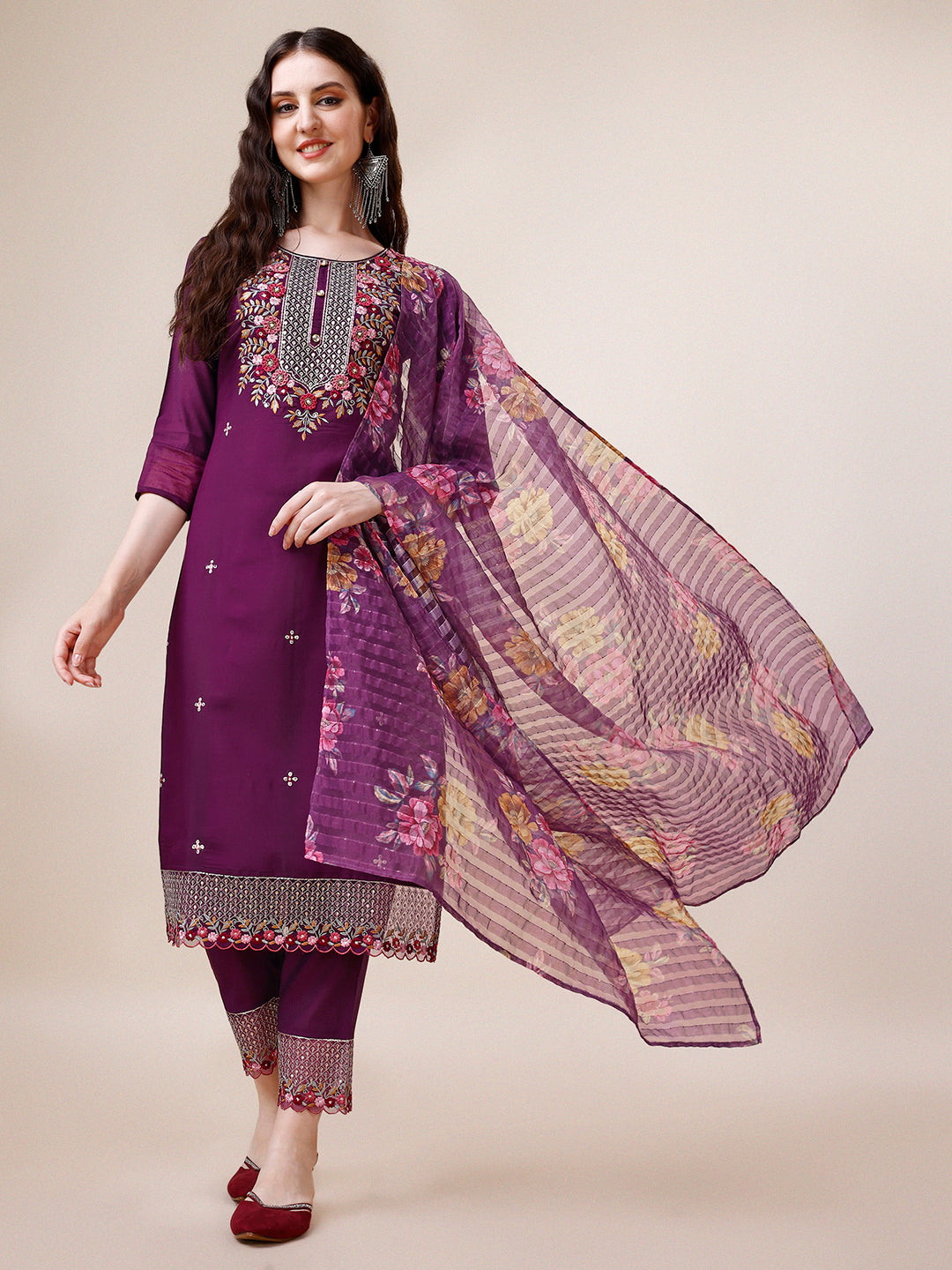 Hand Embroidered Kurta With Pant And Dupatta Set Premium, Multicolor - Hiral Fashion