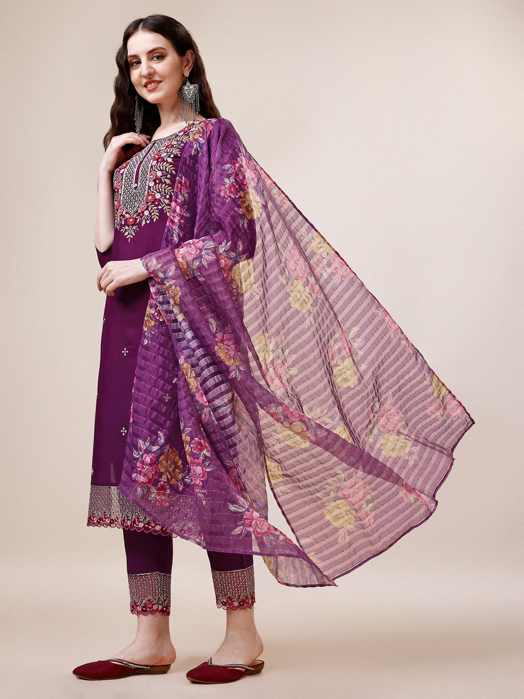 Hand Embroidered Kurta With Pant And Dupatta Set Premium, Multicolor - Hiral Fashion