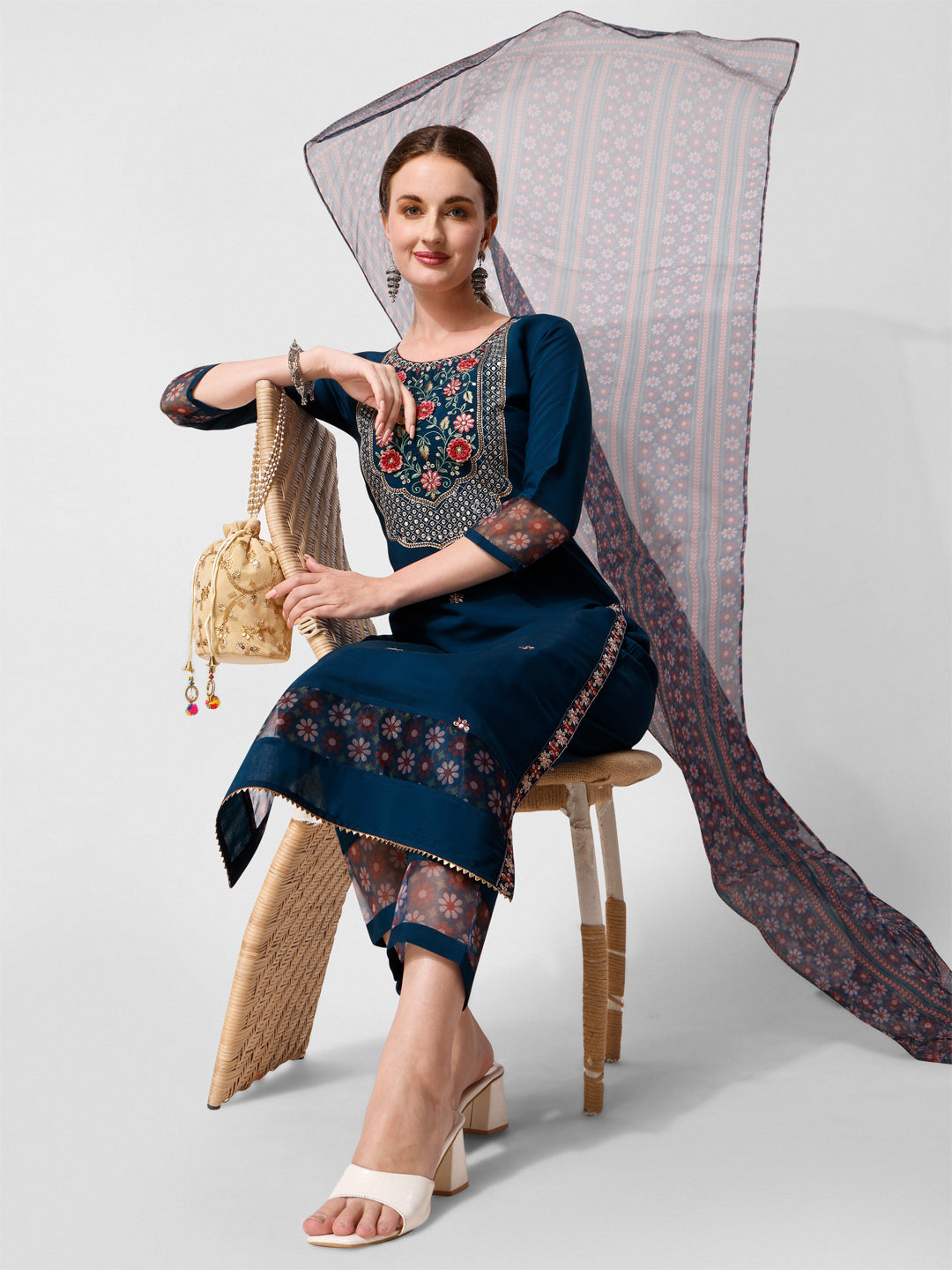 Embroidered Kurta With Pant And Printed Dupatta Set, Multicolor - Hiral Fashion