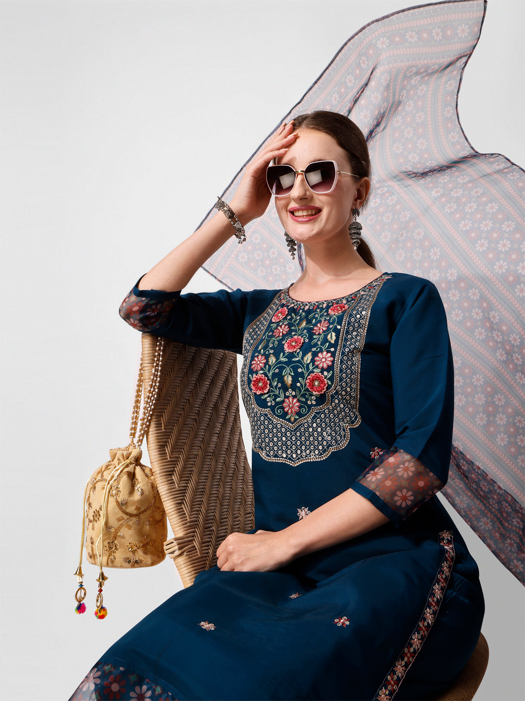 Embroidered Kurta With Pant And Printed Dupatta Set, Multicolor - Hiral Fashion