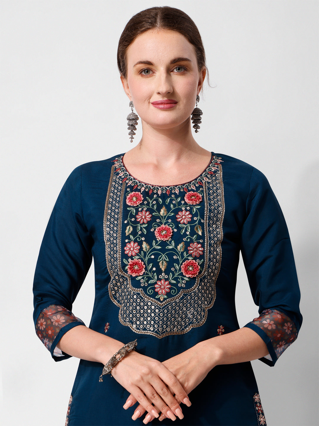 Embroidered Kurta With Pant And Printed Dupatta Set, Multicolor - Hiral Fashion