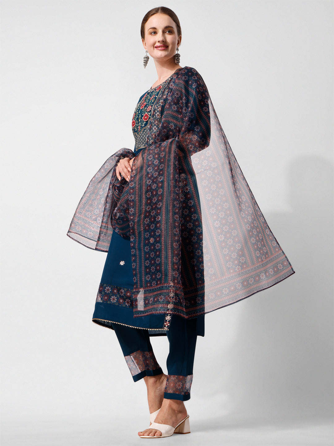 Embroidered Kurta With Pant And Printed Dupatta Set, Multicolor - Hiral Fashion