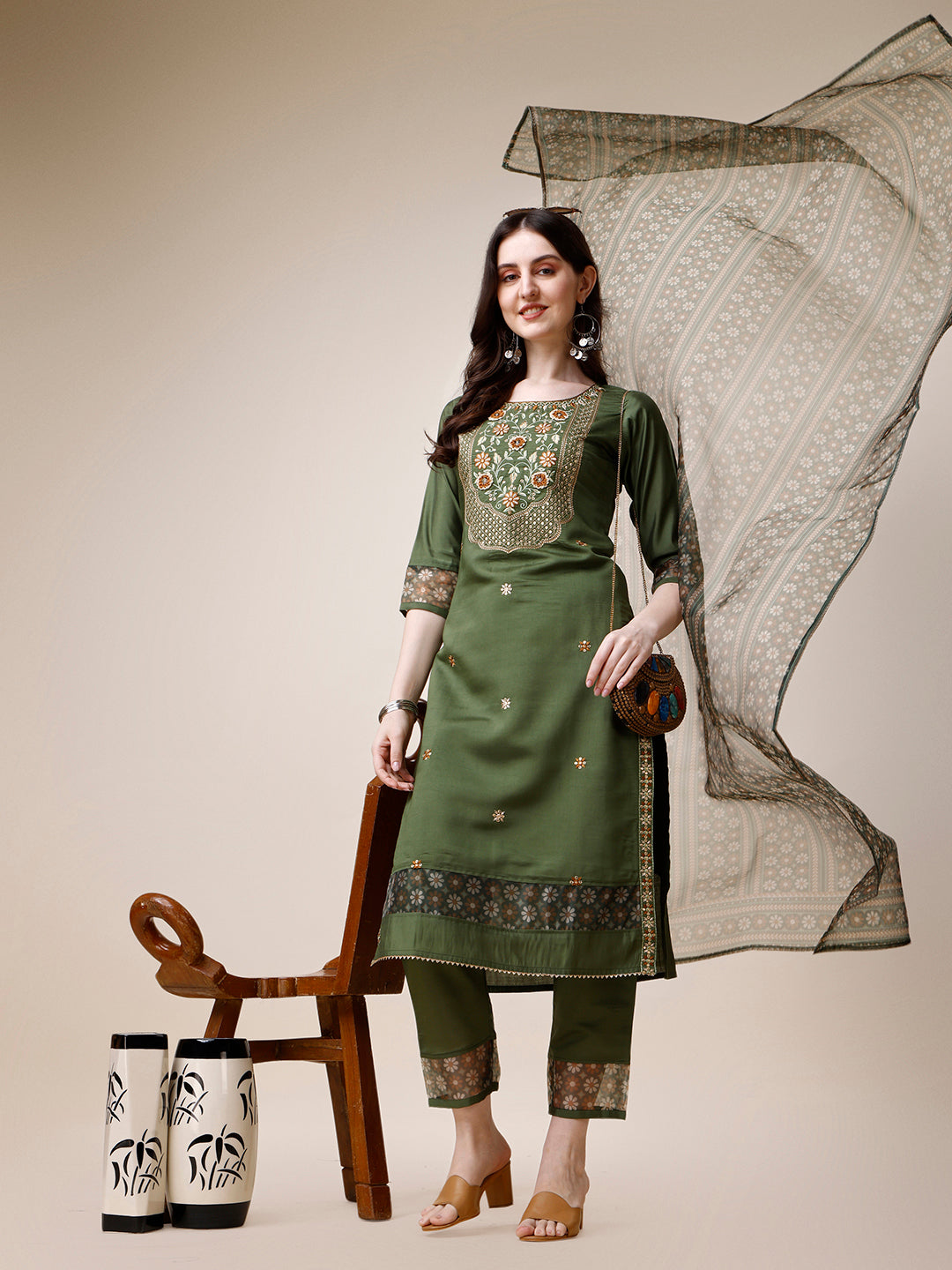 Embroidered Kurta With Pant And Printed Dupatta Set, Multicolor - Hiral Fashion