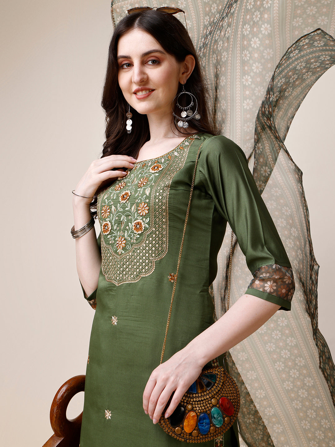 Embroidered Kurta With Pant And Printed Dupatta Set, Multicolor - Hiral Fashion