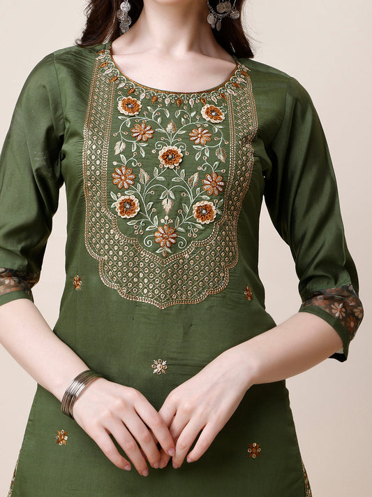 Embroidered Kurta With Pant And Printed Dupatta Set, Multicolor - Hiral Fashion