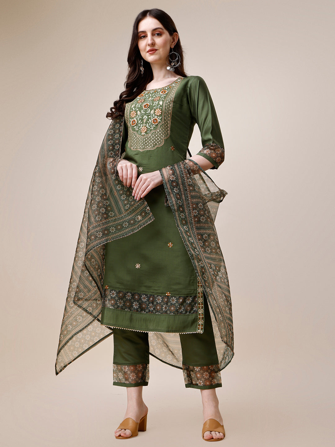 Embroidered Kurta With Pant And Printed Dupatta Set, Multicolor - Hiral Fashion