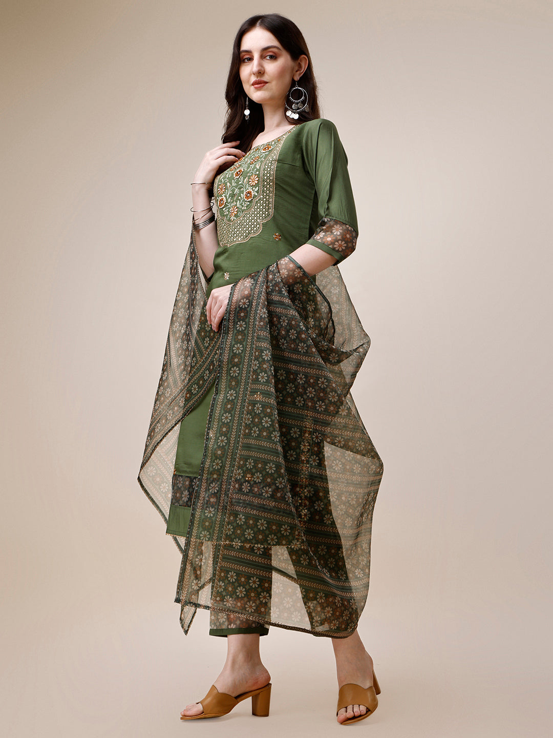 Embroidered Kurta With Pant And Printed Dupatta Set, Multicolor - Hiral Fashion
