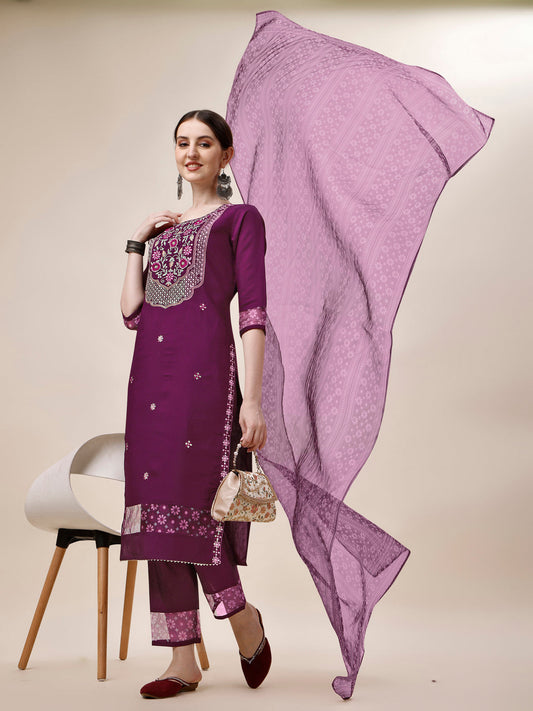 Embroidered Kurta With Pant And Printed Dupatta Set, Multicolor - Hiral Fashion