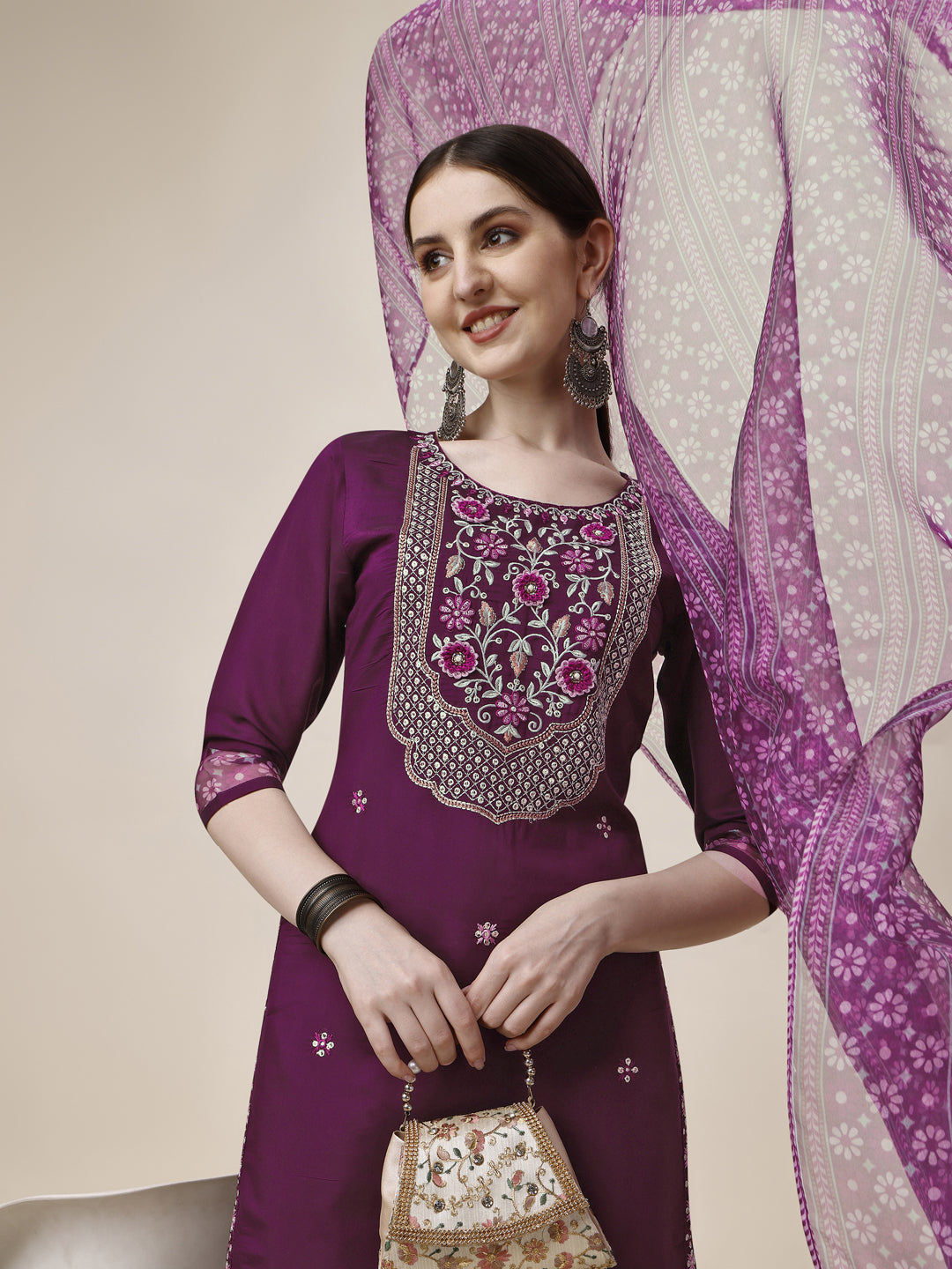 Embroidered Kurta With Pant And Printed Dupatta Set, Multicolor - Hiral Fashion