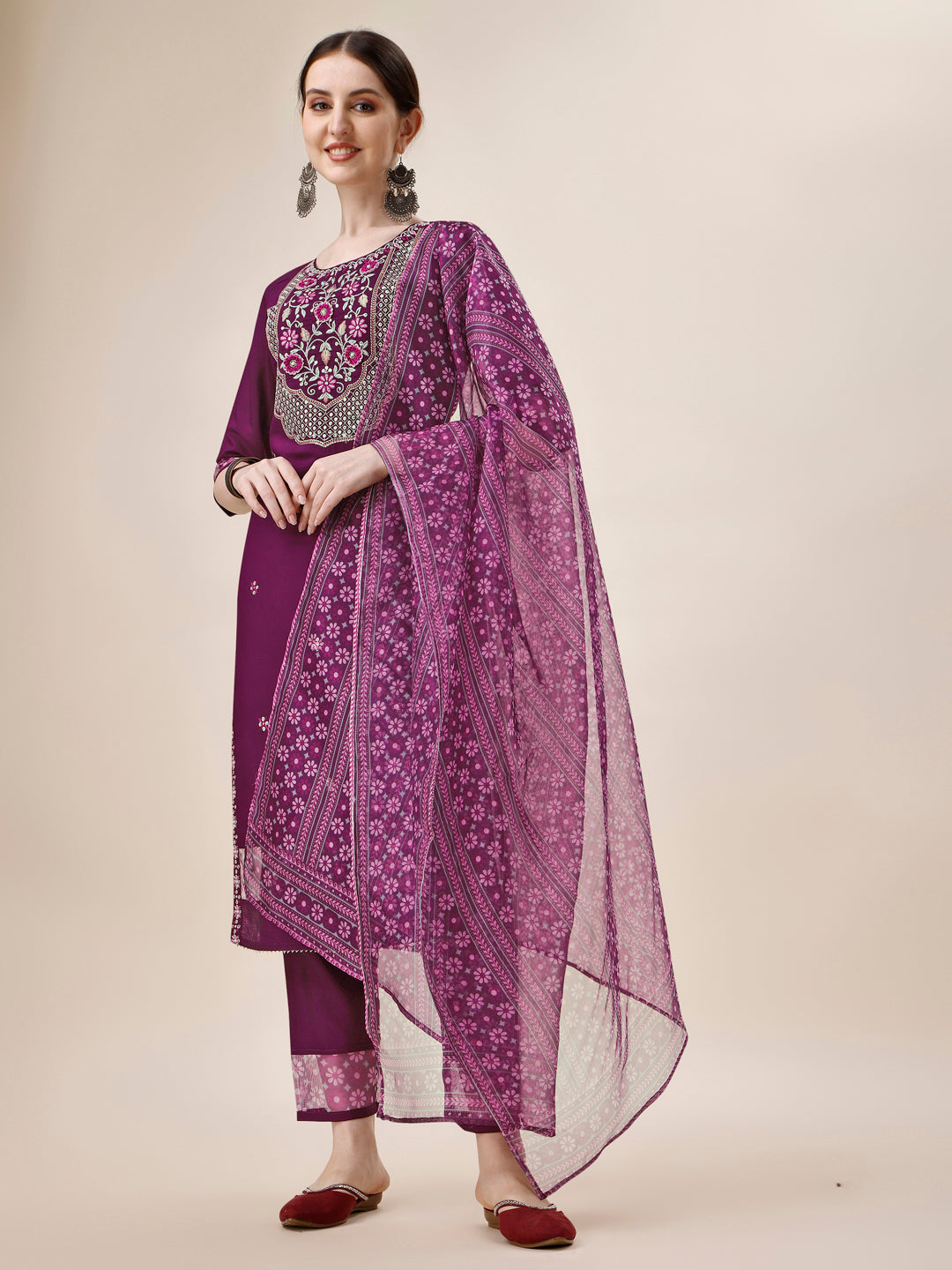Embroidered Kurta With Pant And Printed Dupatta Set, Multicolor - Hiral Fashion