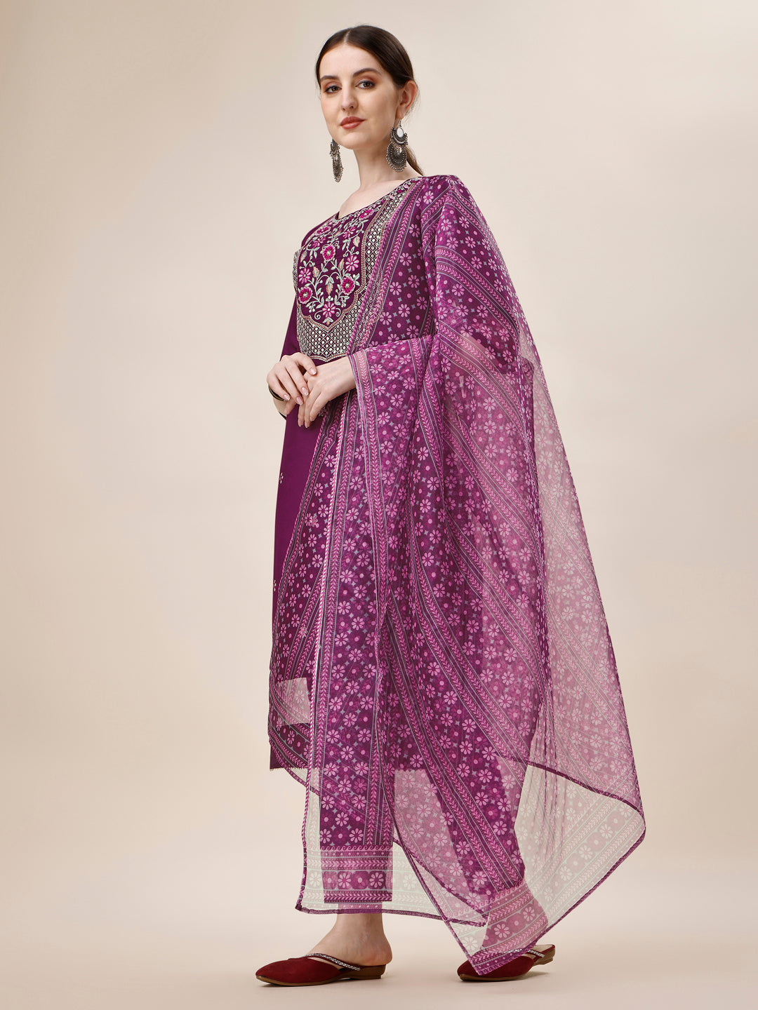 Embroidered Kurta With Pant And Printed Dupatta Set, Multicolor - Hiral Fashion