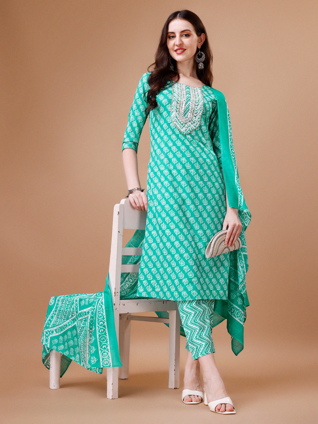 Embroidered & Floral Printed Kurta With Pant & Dupatta, Multicolor - Hiral Fashion