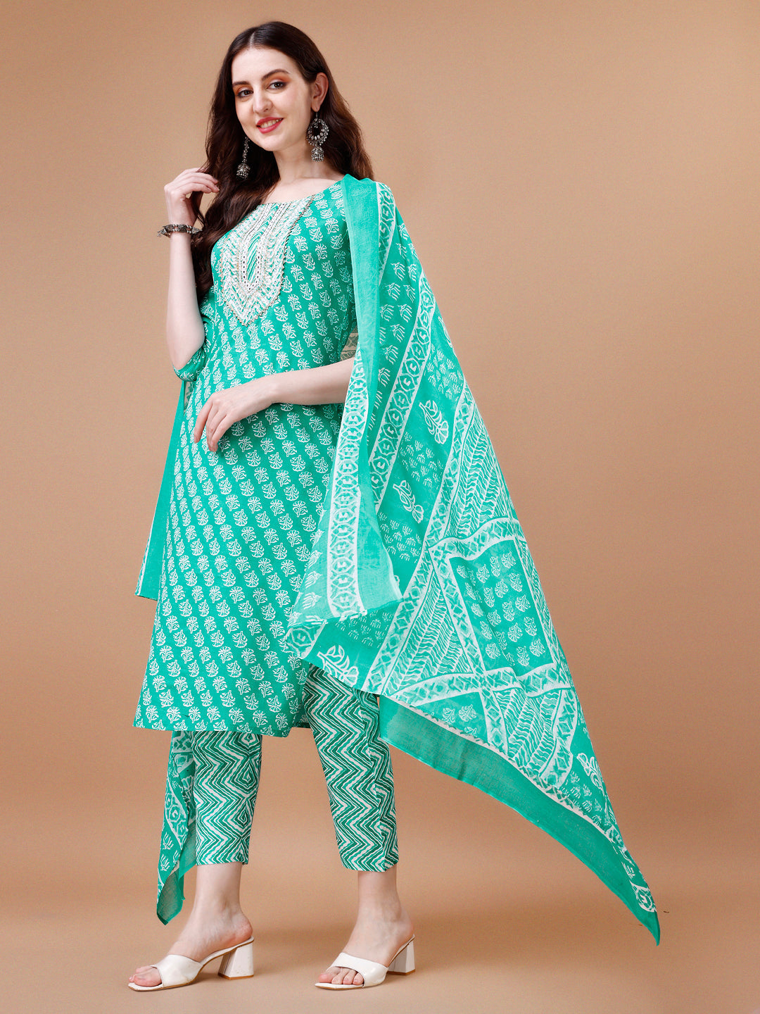 Embroidered & Floral Printed Kurta With Pant & Dupatta, Multicolor - Hiral Fashion